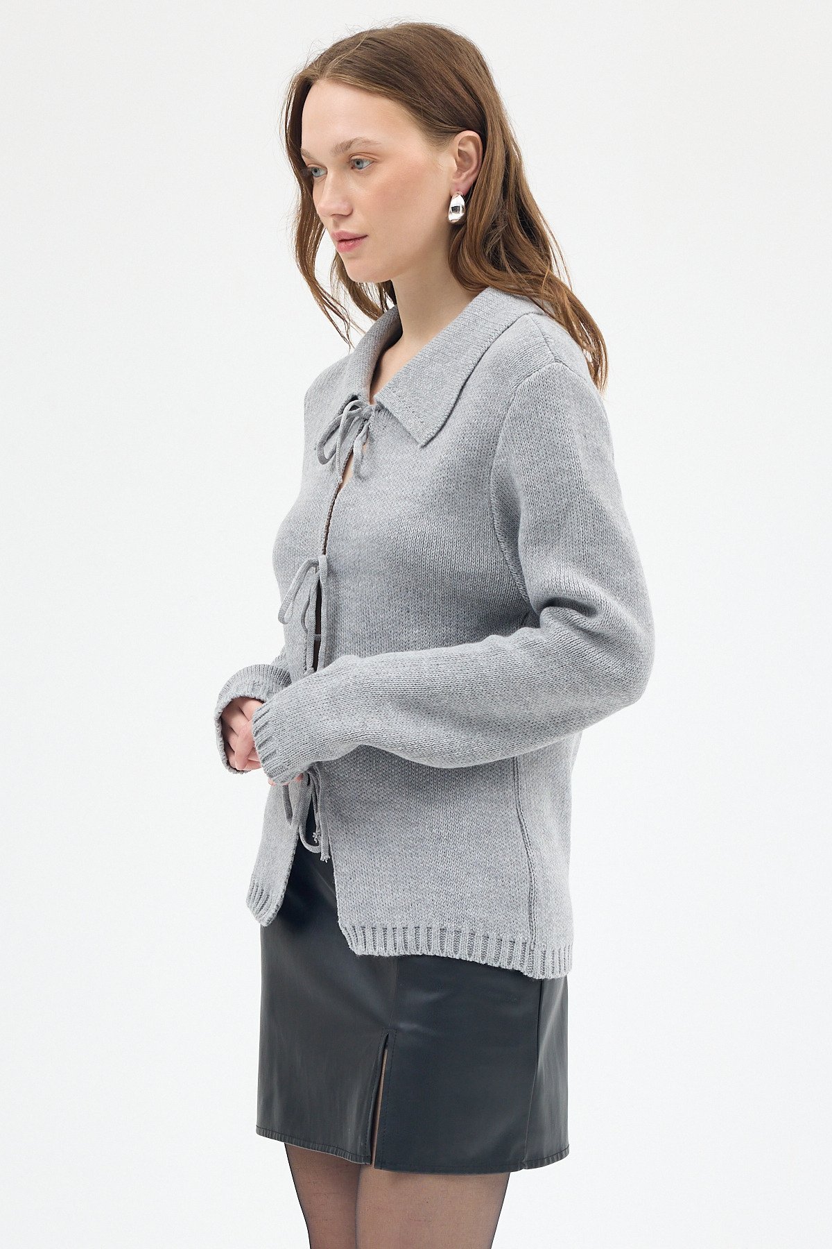 Gri Kadın Bağlamalı Polo Yaka Triko Hırka 7095 - RAYS