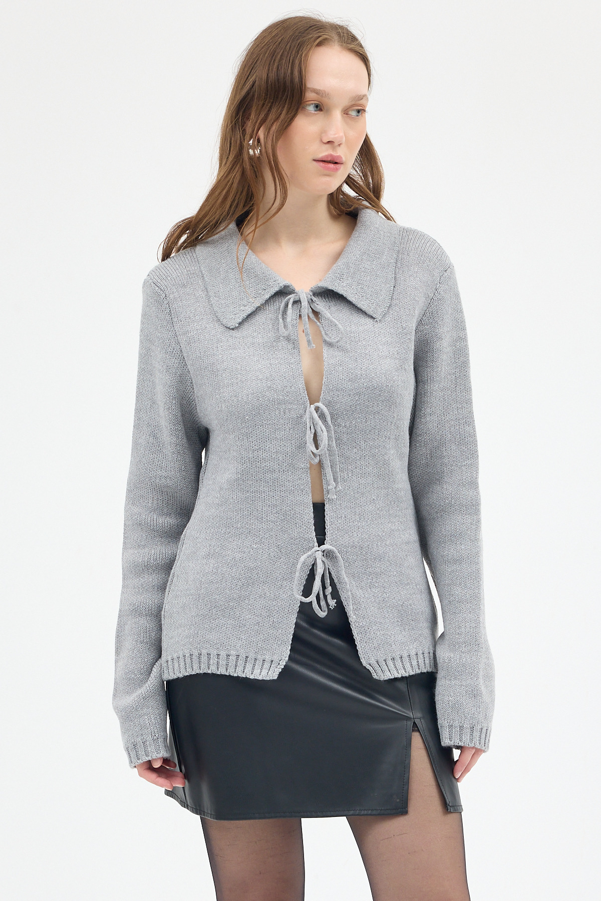 Gri Kadın Bağlamalı Polo Yaka Triko Hırka 7095 - 1