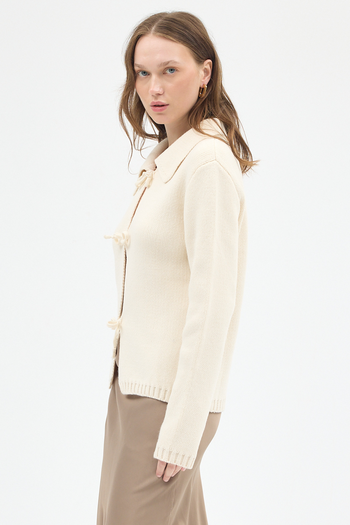 Natural Kadın Bağlamalı Polo Yaka Triko Hırka 7095 - RAYS (1)