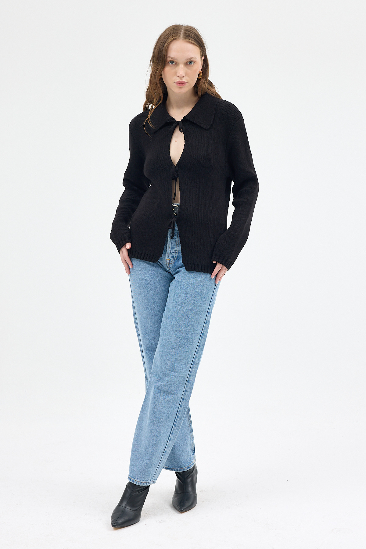 Siyah Kadın Bağlamalı Polo Yaka Triko Hırka 7095 - RAYS