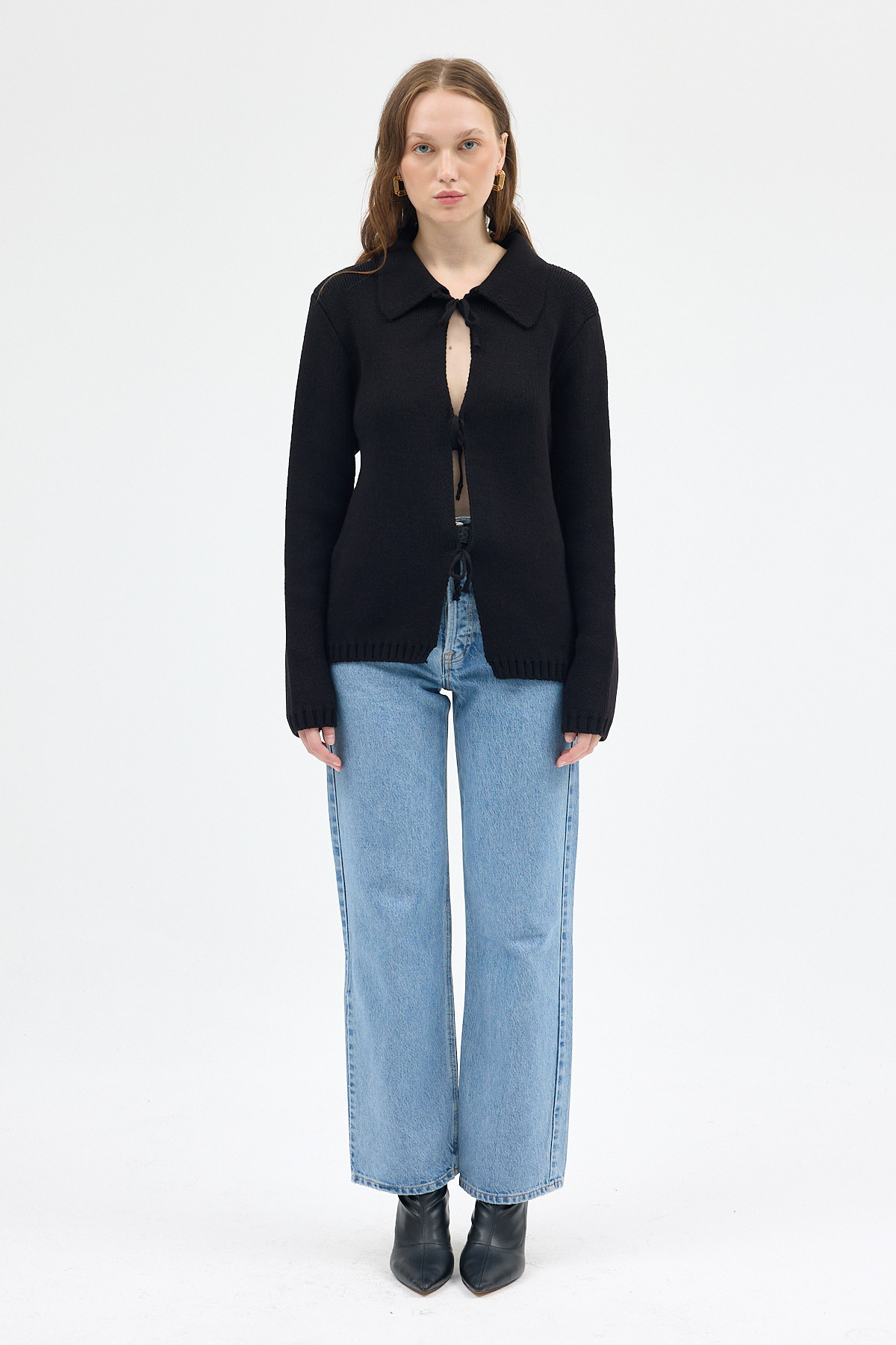 Siyah Kadın Bağlamalı Polo Yaka Triko Hırka 7095 - 7