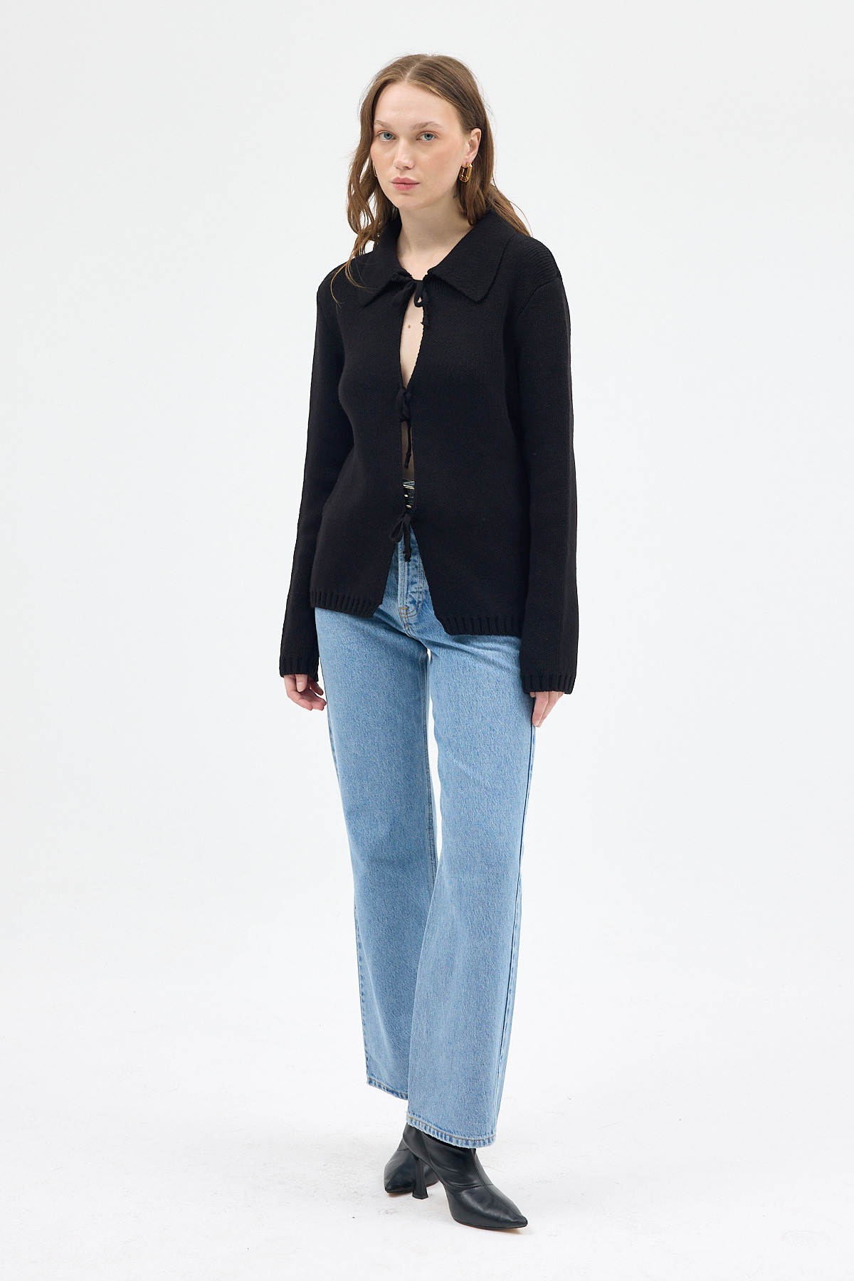 Siyah Kadın Bağlamalı Polo Yaka Triko Hırka 7095 - 3