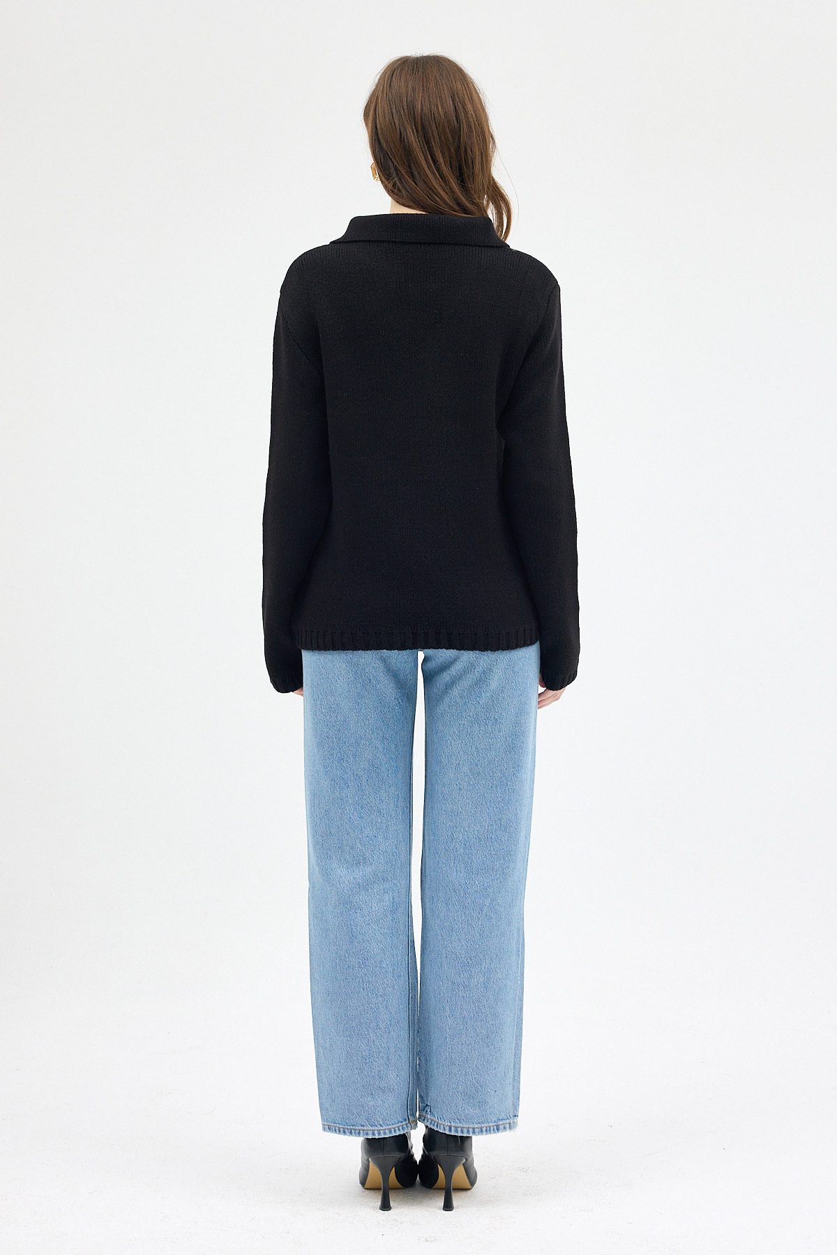 Siyah Kadın Bağlamalı Polo Yaka Triko Hırka 7095 - 5