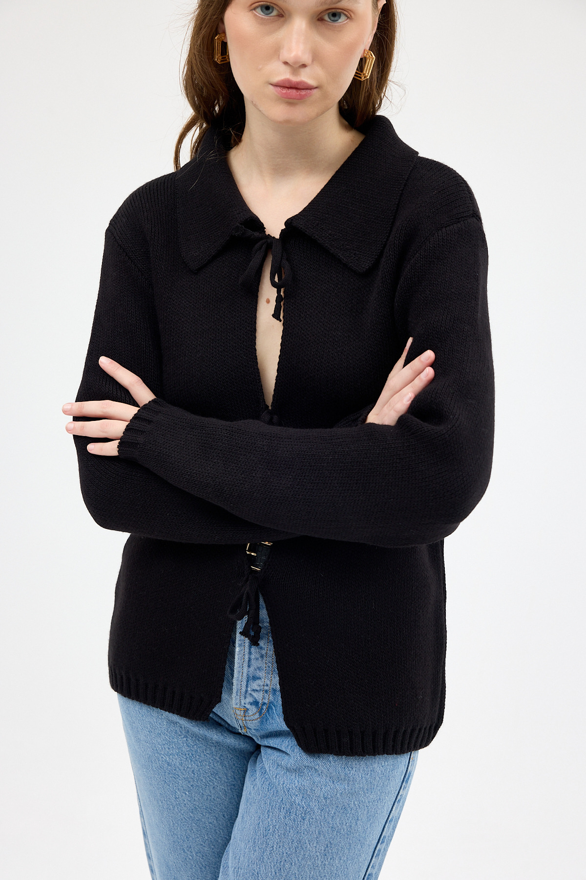 Siyah Kadın Bağlamalı Polo Yaka Triko Hırka 7095 - RAYS