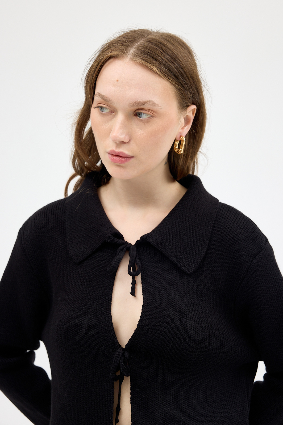 Siyah Kadın Bağlamalı Polo Yaka Triko Hırka 7095 - 4