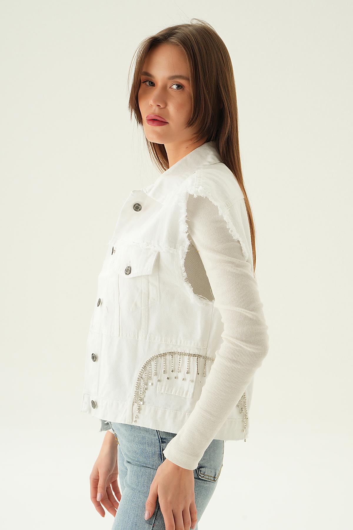7096 Yırtık Detay Jean Yelek Beyaz - 2