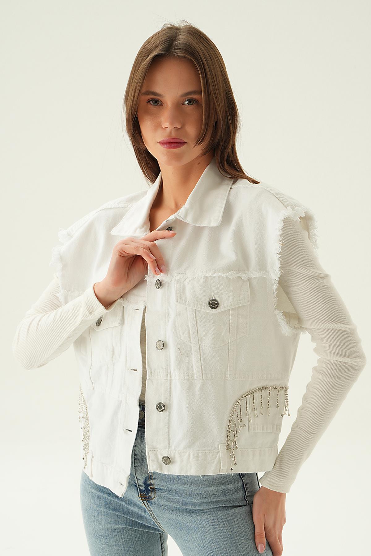 7096 Yırtık Detay Jean Yelek Beyaz - 4