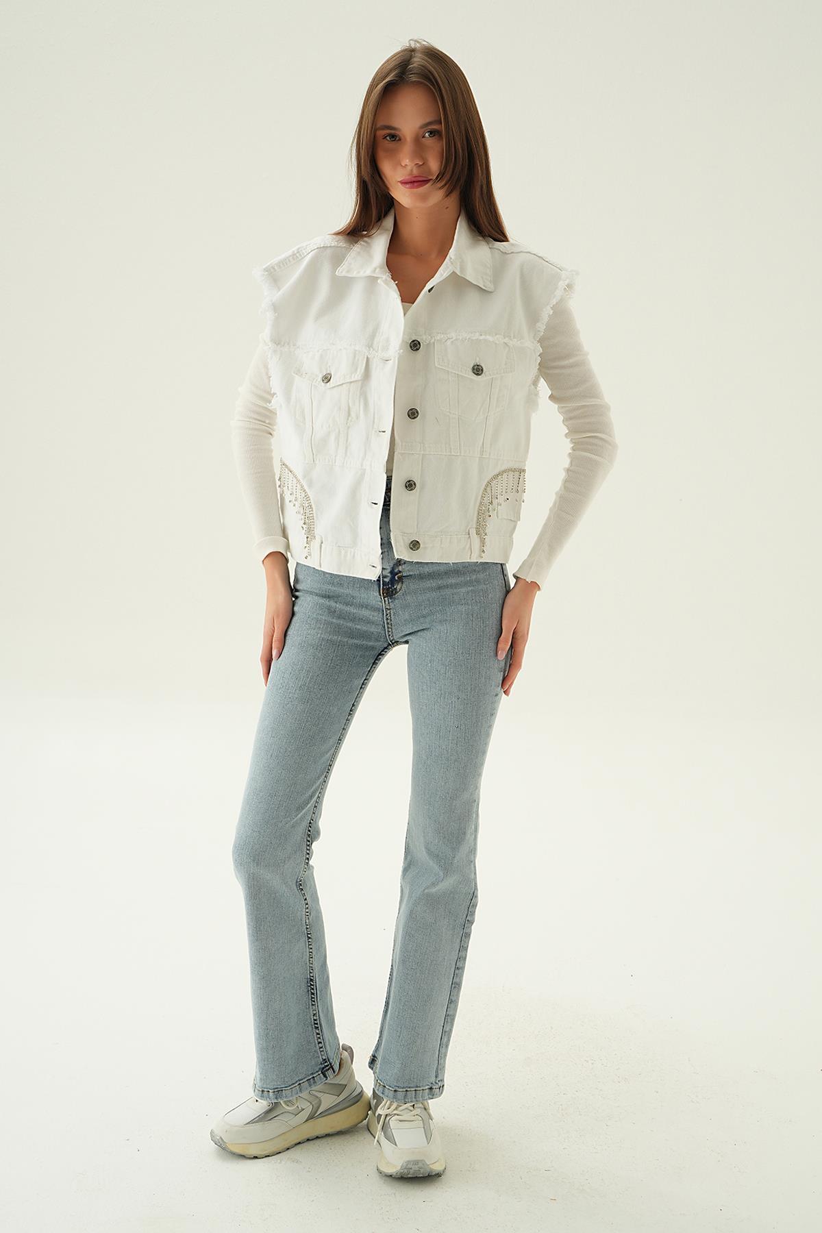 7096 Yırtık Detay Jean Yelek Beyaz 