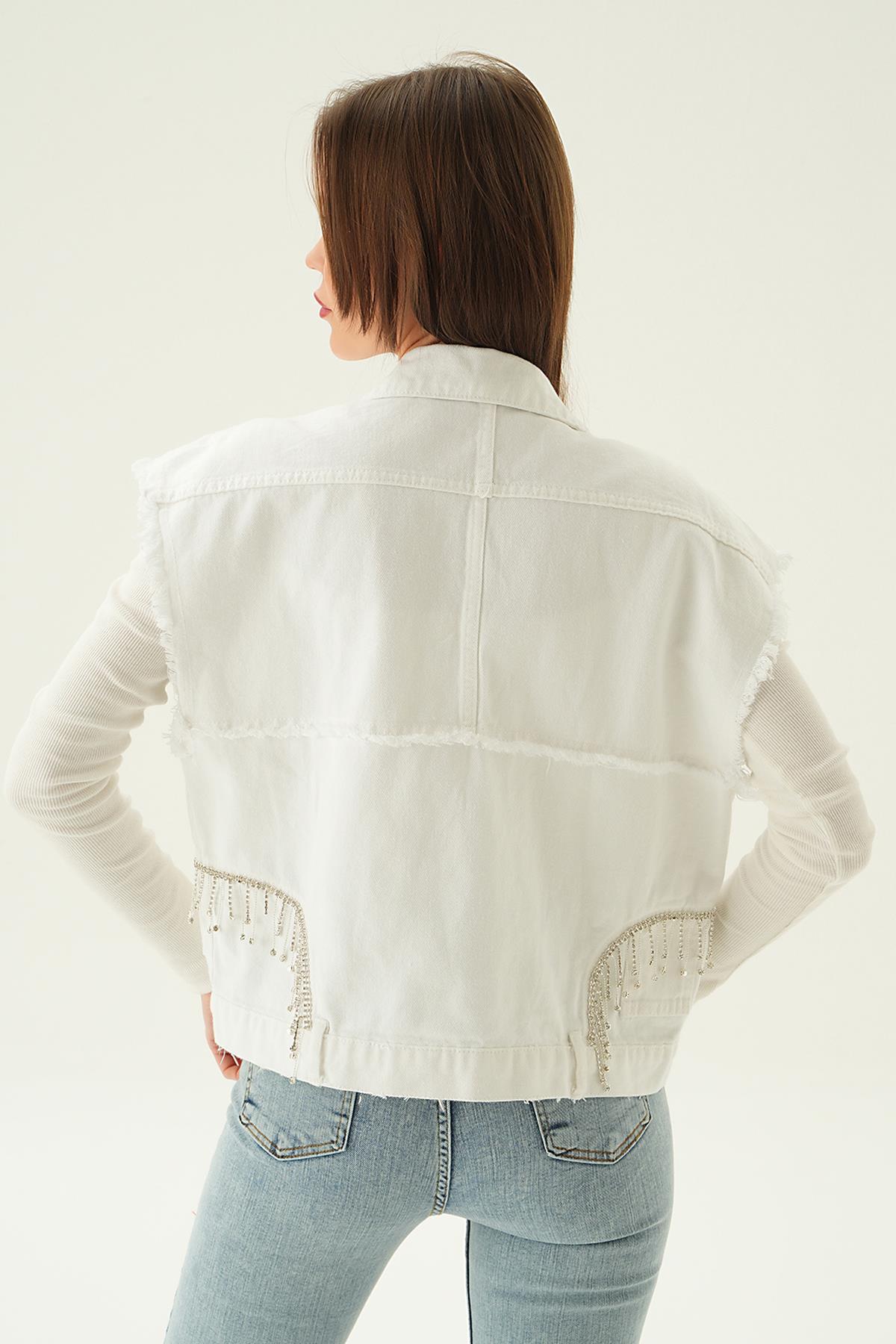Beyaz Yırtık Detay Jean Yelek 7096 - 3