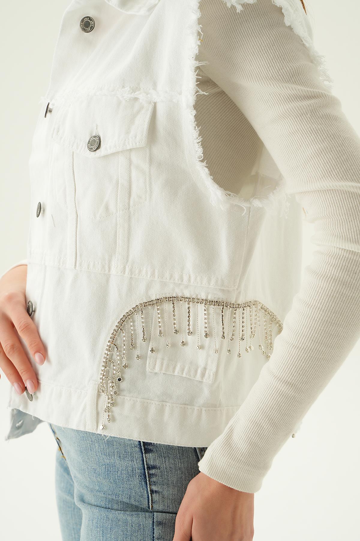 Beyaz Yırtık Detay Jean Yelek 7096 - 5