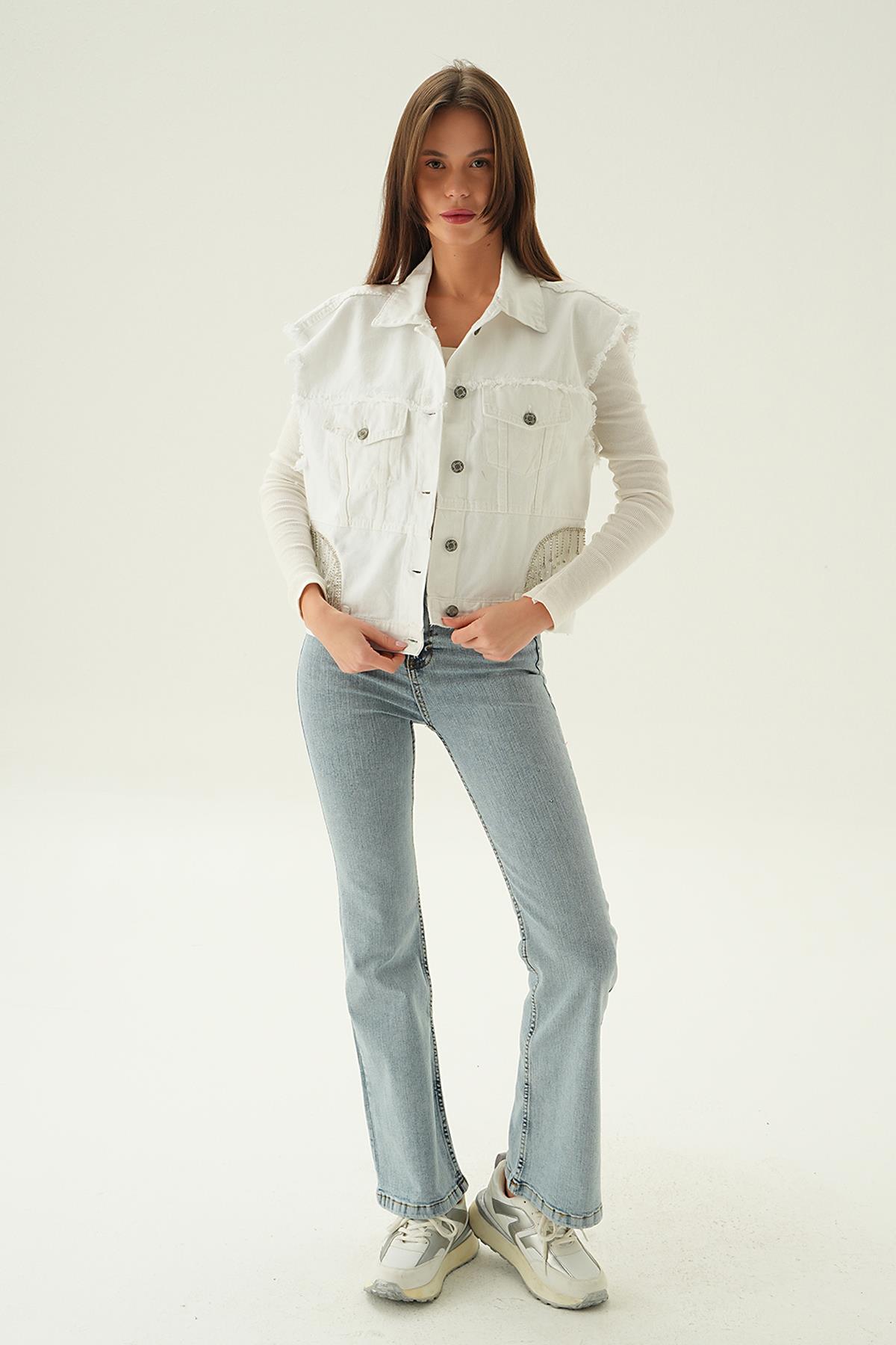 Beyaz Yırtık Detay Jean Yelek 7096 - 6