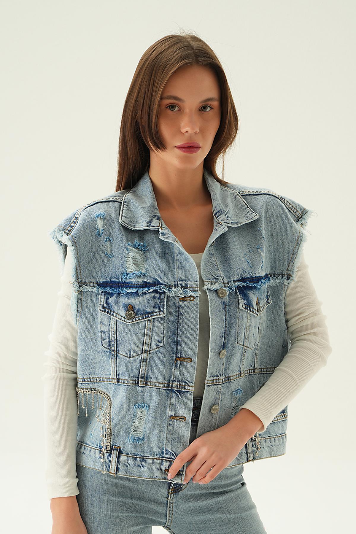 7096 Yırtık Detay Jean Yelek Buz - 4