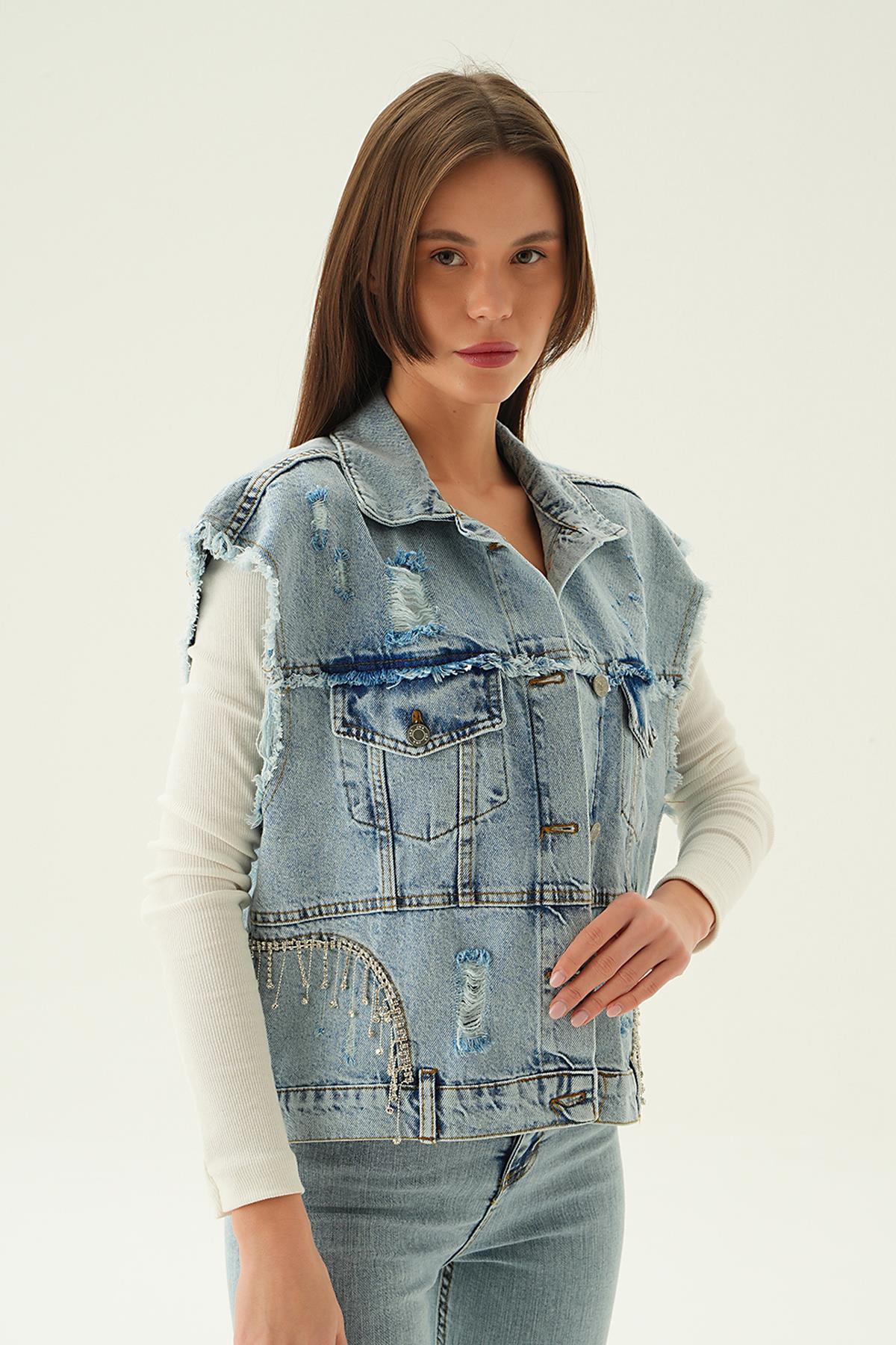 7096 Yırtık Detay Jean Yelek Buz - 3