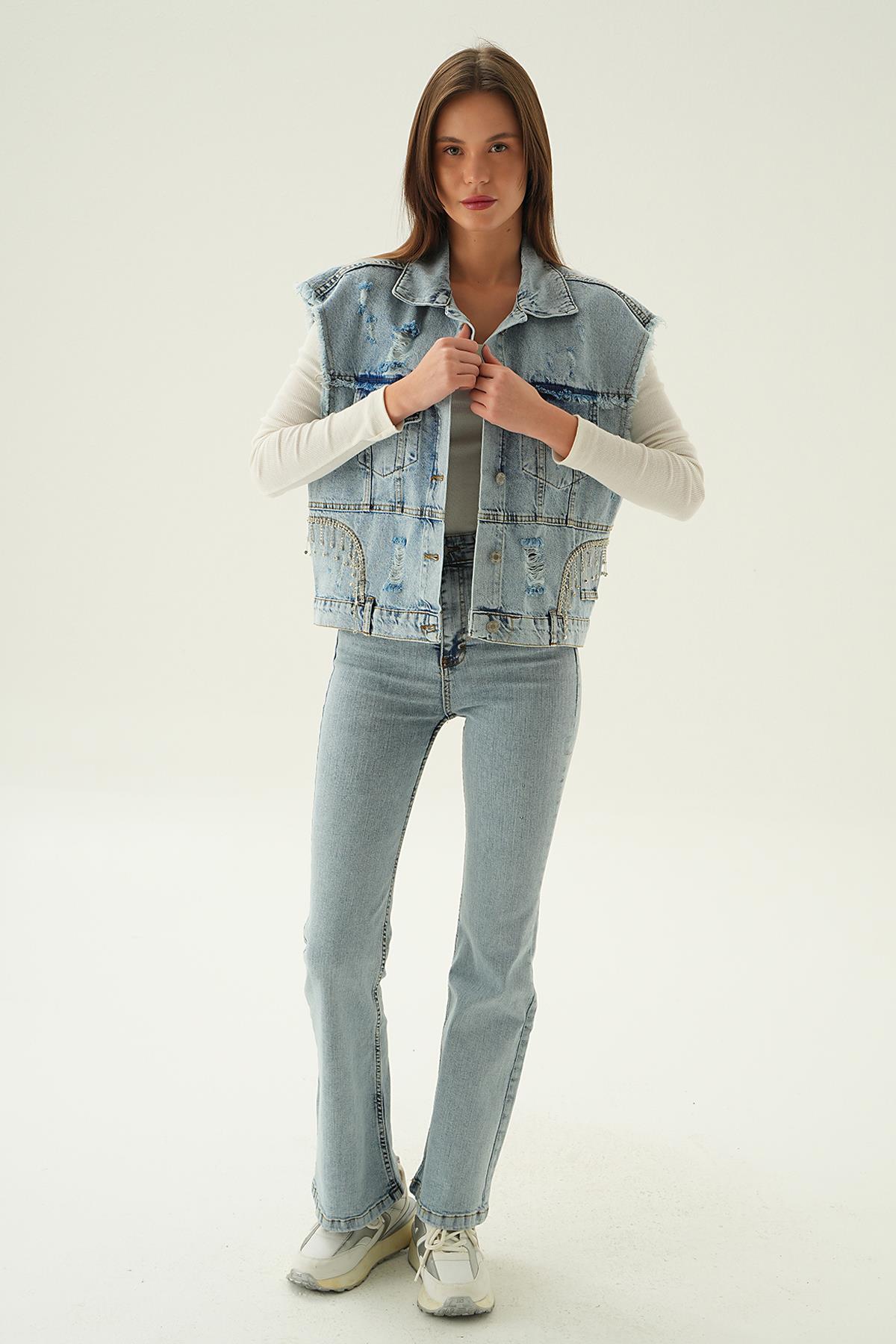 7096 Yırtık Detay Jean Yelek Buz - 6