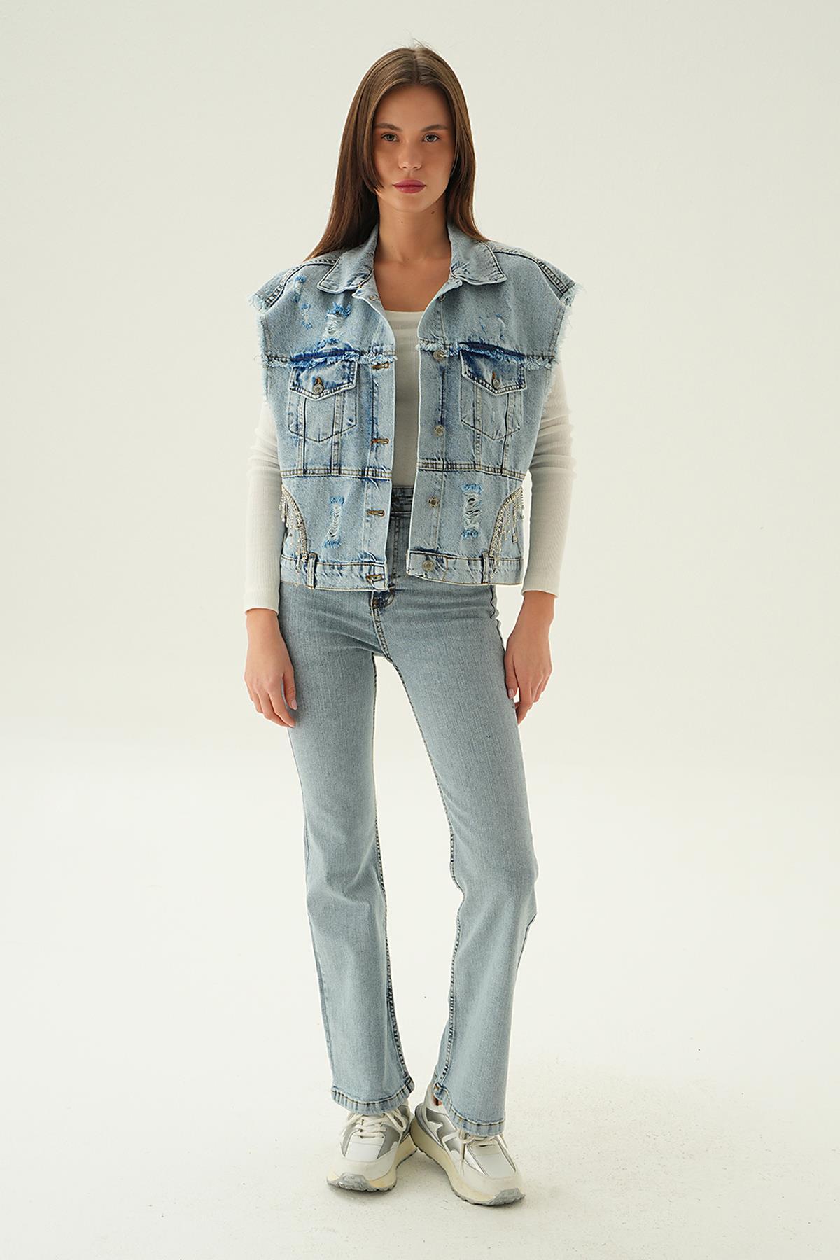 Buz Yırtık Detay Jean Yelek 7096 