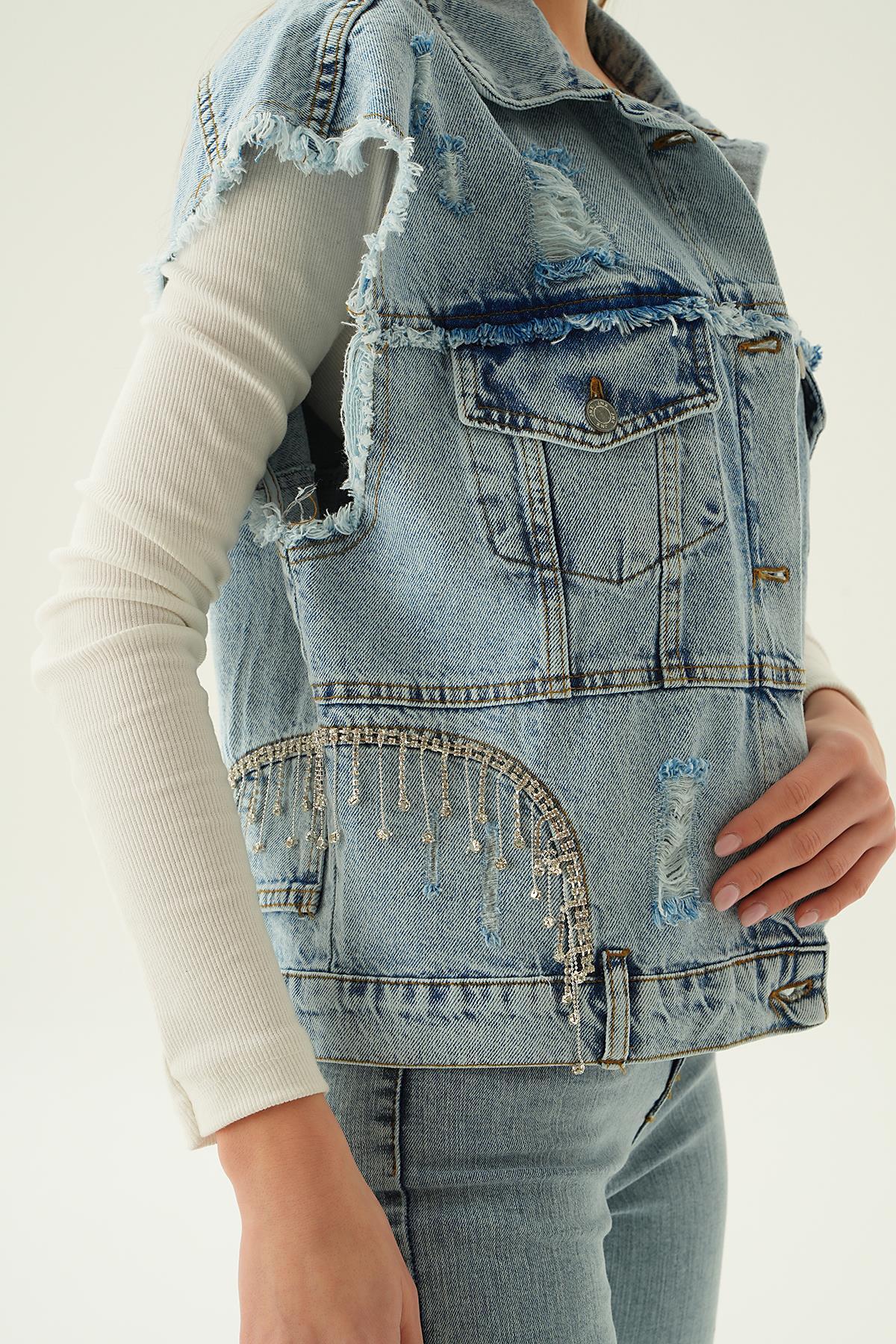 Buz Yırtık Detay Jean Yelek 7096 - 5