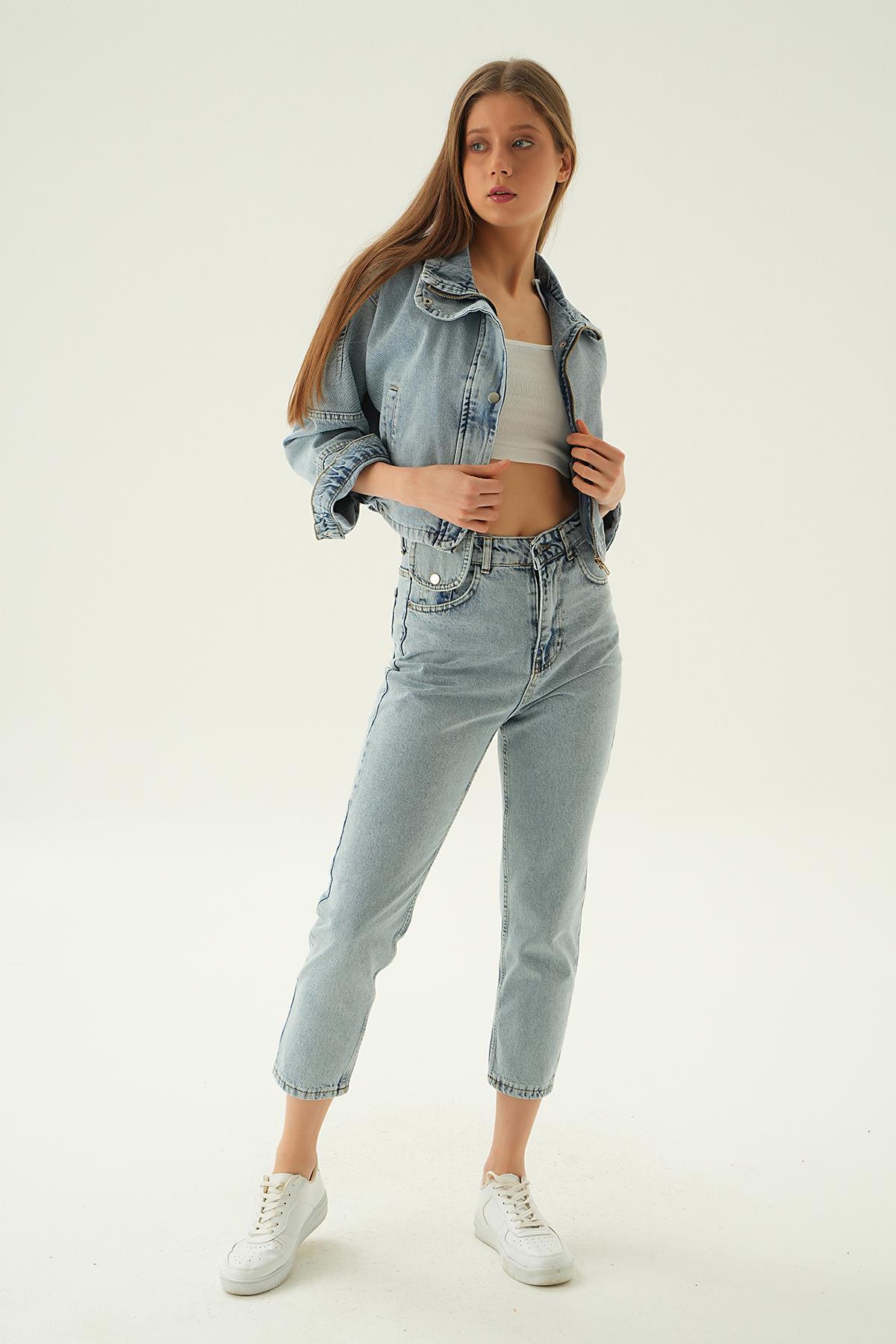 7099 Çıtçıtlı Oversize Jean Ceket Buz - 6