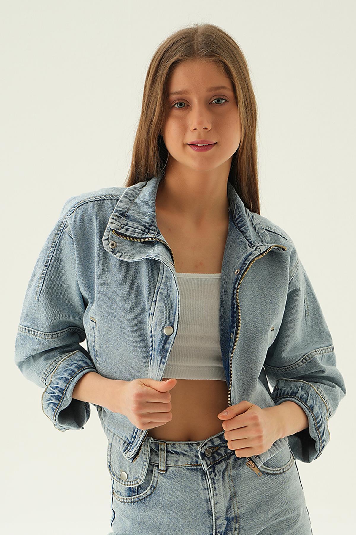 7099 Çıtçıtlı Oversize Jean Ceket Buz - 3