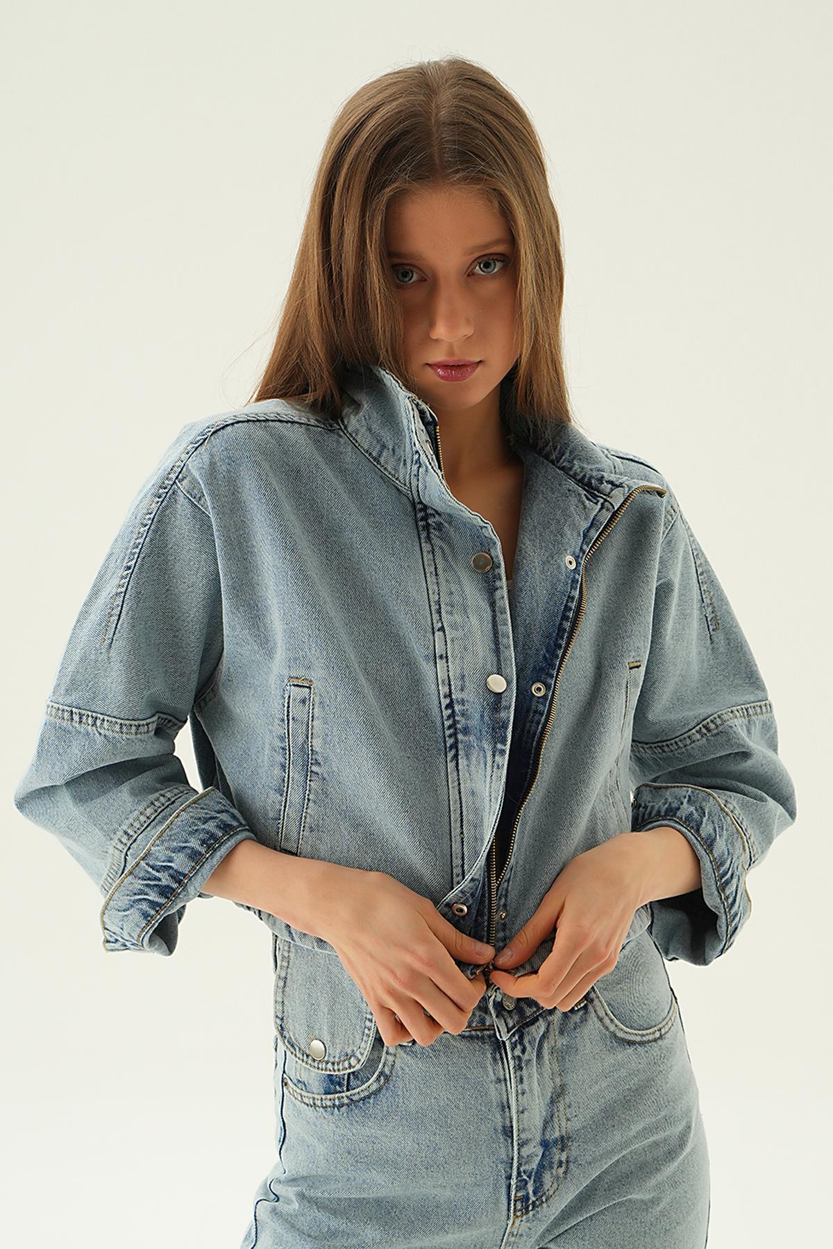 Buz Çıtçıtlı Oversize Kot Ceket 7099 - 4