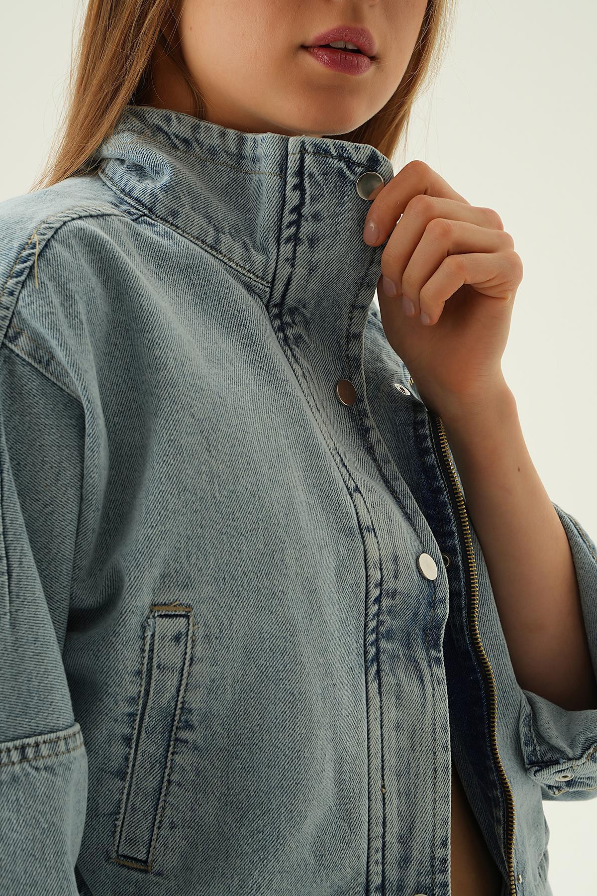 Buz Çıtçıtlı Oversize Kot Ceket 7099 - 5