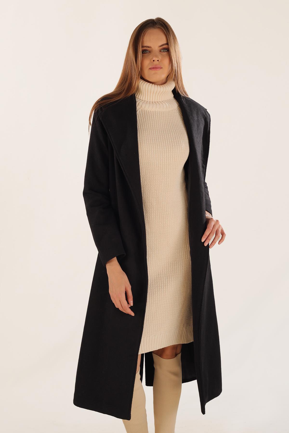 7100A Kol Vatkalı Kaşe Kaban Siyah - 2