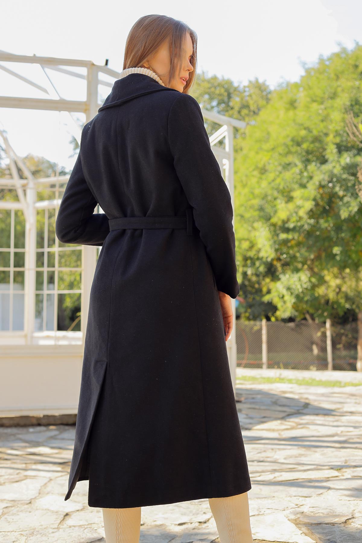 7100A Kol Vatkalı Kaşe Kaban Siyah - 5