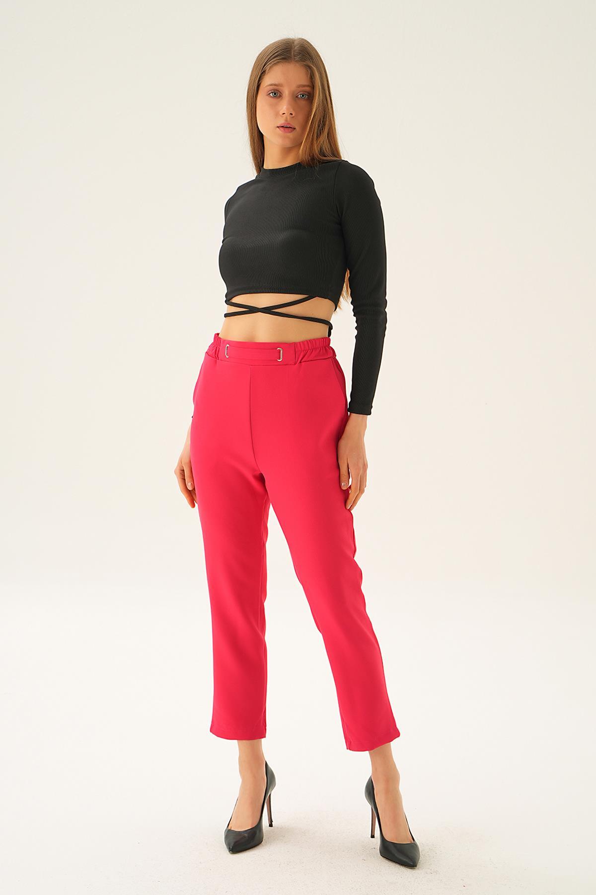 7105-1 Bel Aksesuar Detay Pantolon Fuşya 