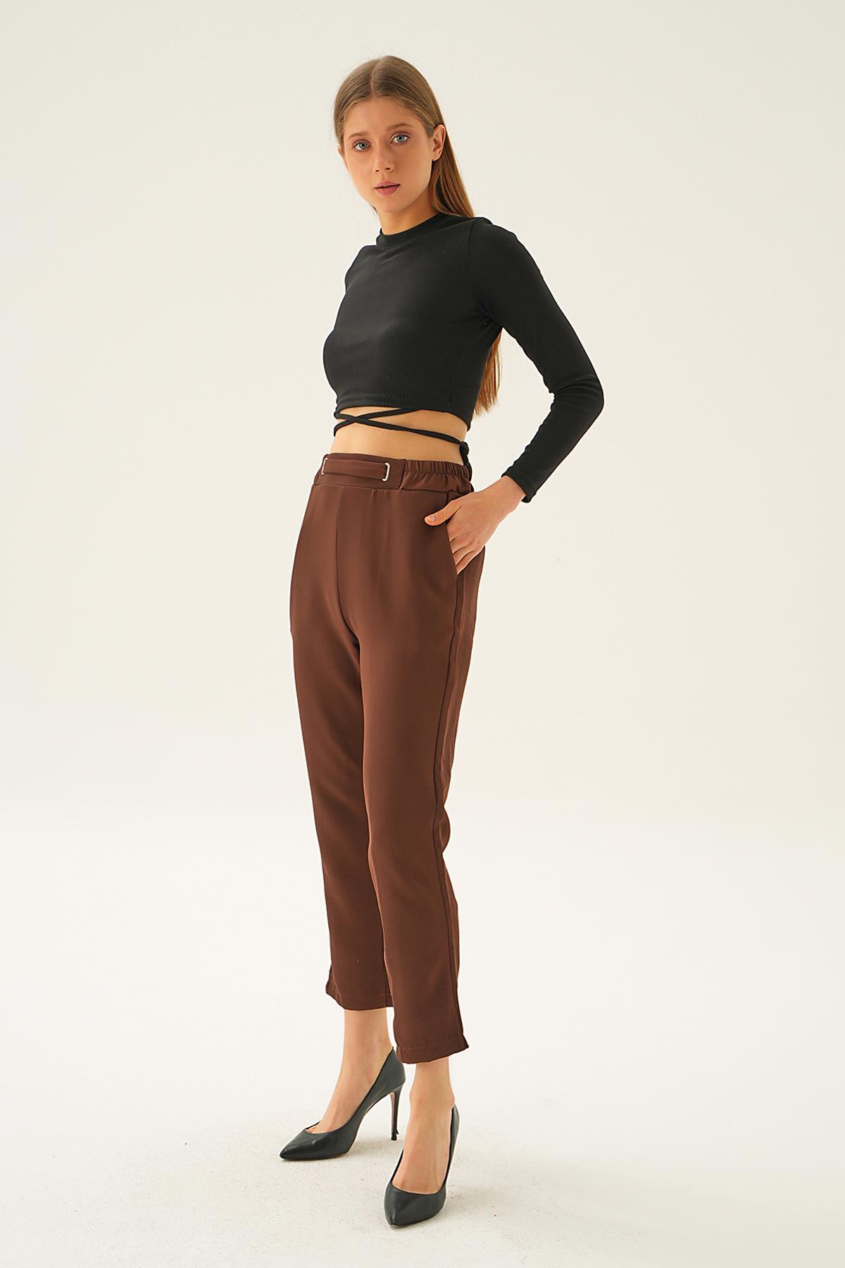 Kahve Bel Aksesuar Detay Pantolon 7105-1 - 6