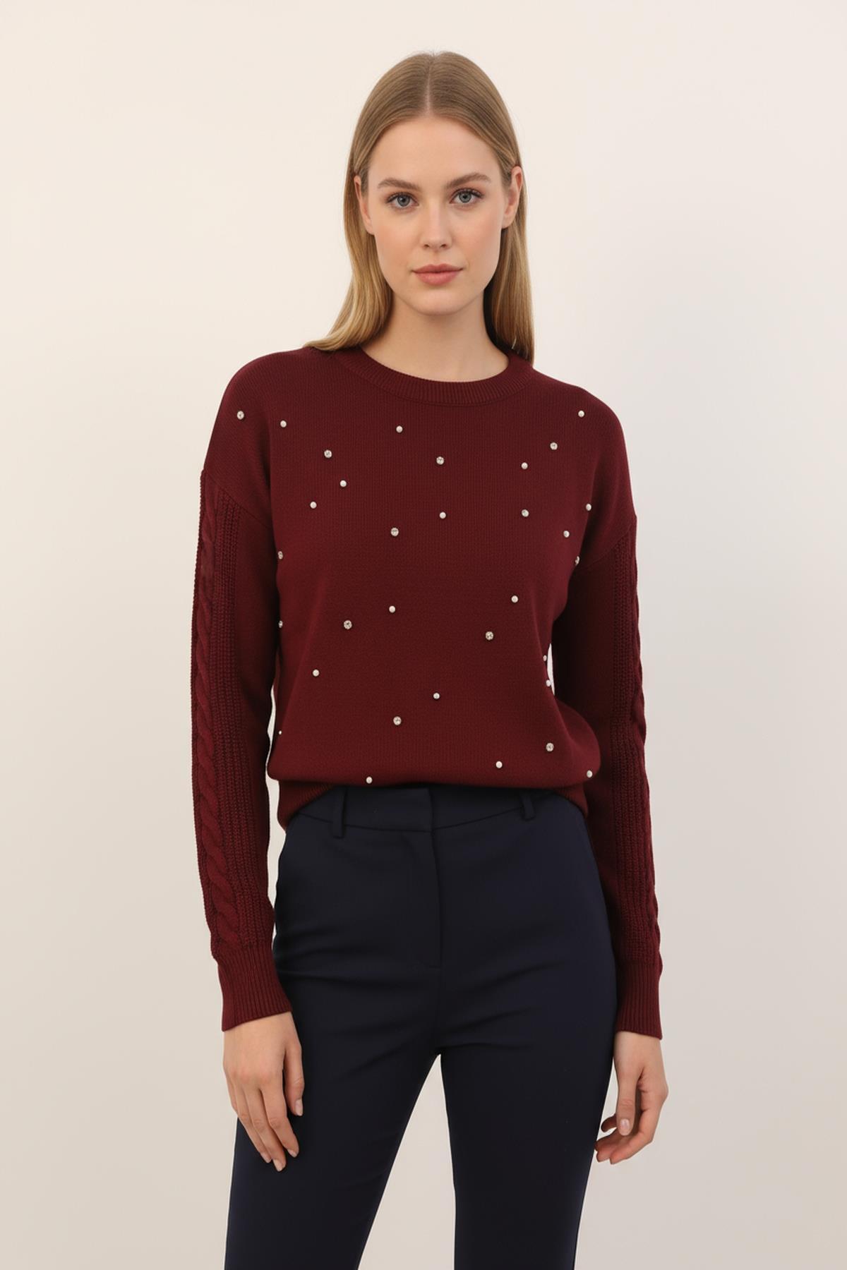 7115 Kol Örgü Detay Taşlı Kazak Bordo - RAYS