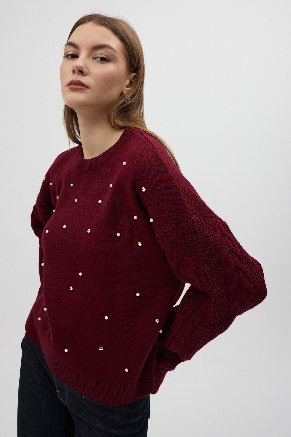 Bordo İnci ve Taş Detaylı Örgü Kollu Bisiklet Yaka Kadın Kazak 7115 - 2