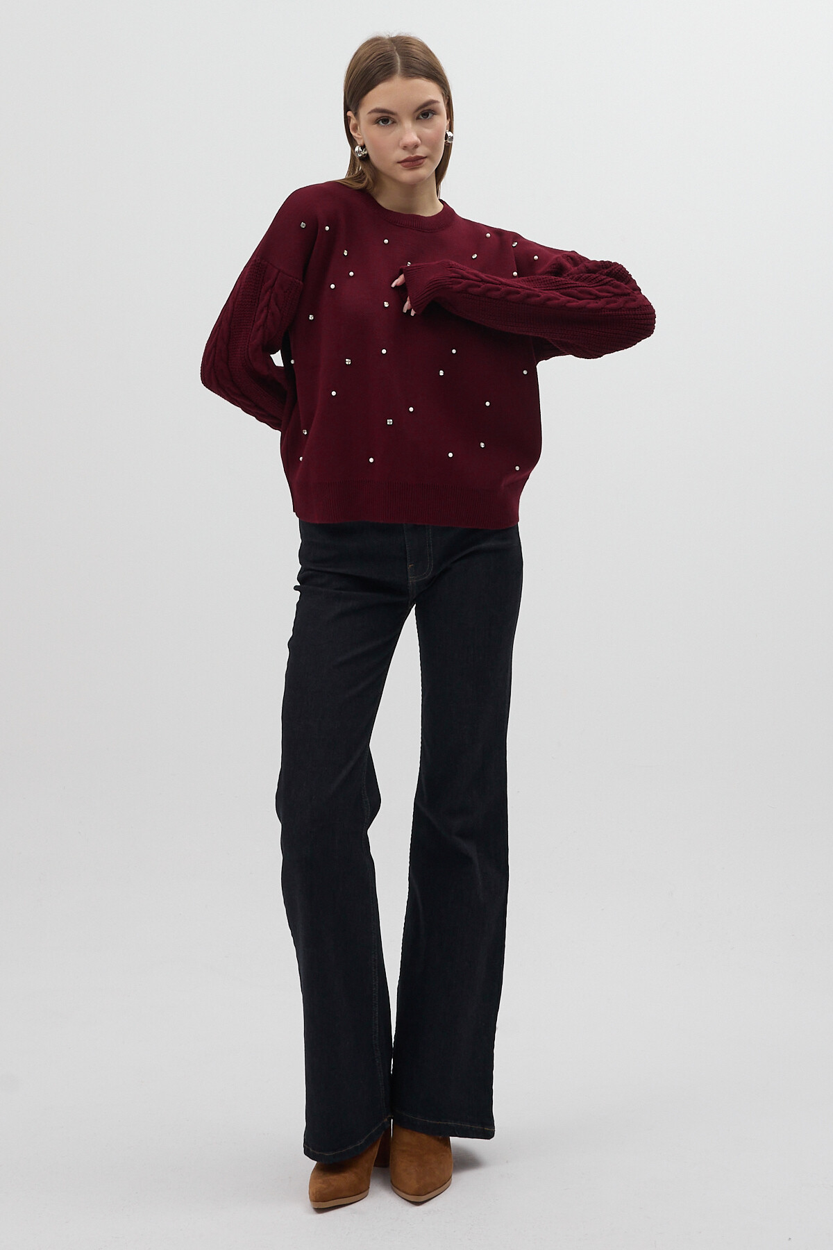 Bordo İnci ve Taş Detaylı Örgü Kollu Bisiklet Yaka Kadın Kazak 7115 - 3