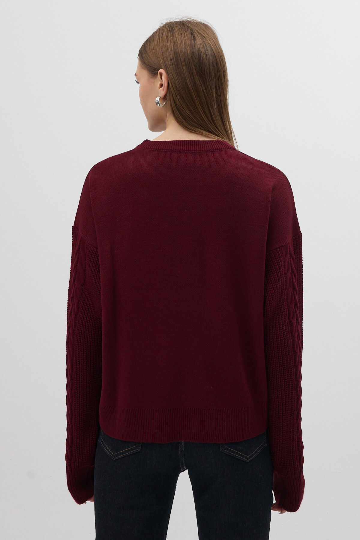 Bordo İnci ve Taş Detaylı Örgü Kollu Bisiklet Yaka Kadın Kazak 7115 - 4