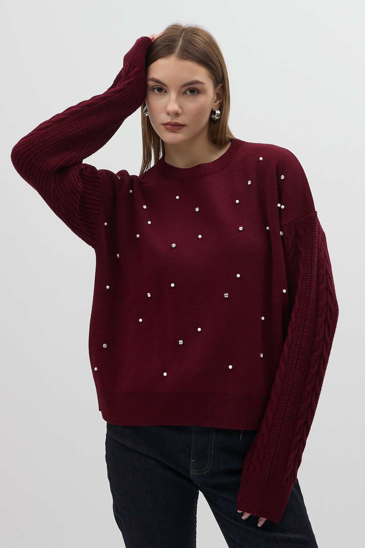 Bordo İnci ve Taş Detaylı Örgü Kollu Bisiklet Yaka Kadın Kazak 7115 - 1