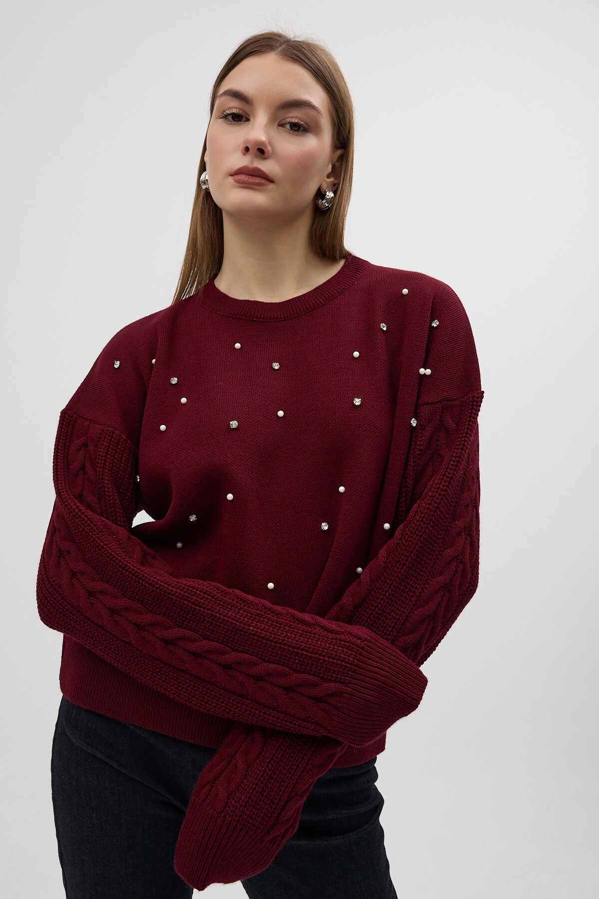 Bordo İnci ve Taş Detaylı Örgü Kollu Bisiklet Yaka Kadın Kazak 7115 - 5