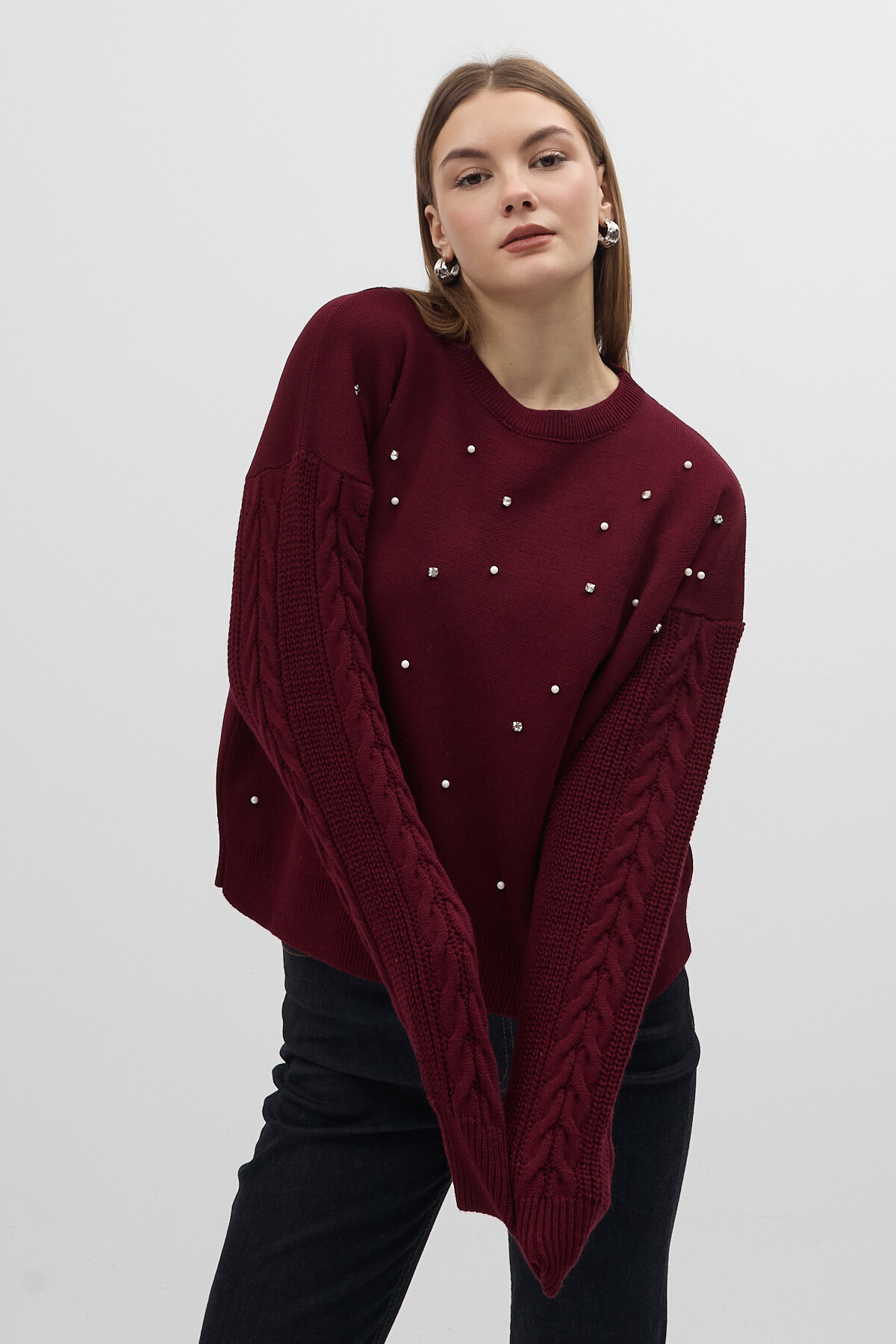 Bordo İnci ve Taş Detaylı Örgü Kollu Bisiklet Yaka Kadın Kazak 7115 - 6