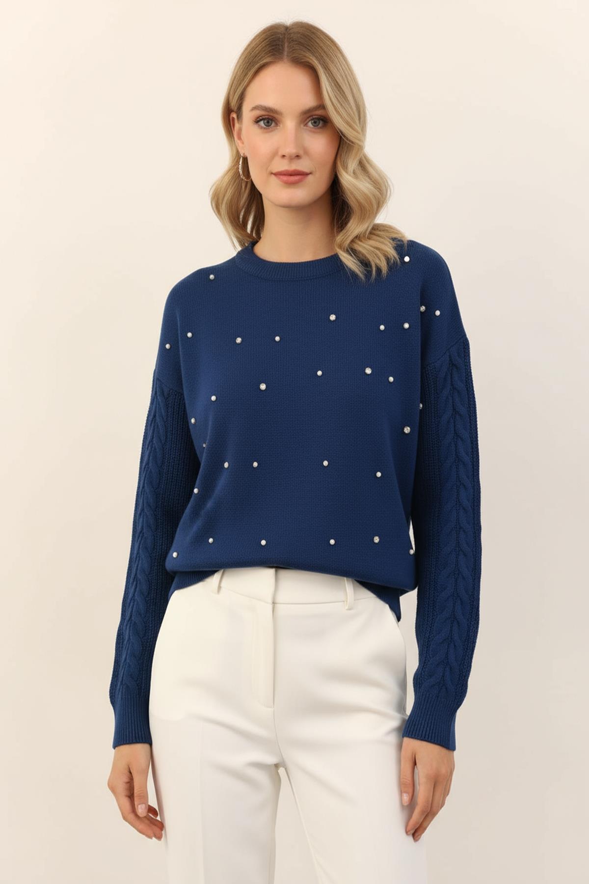 7115 Kol Örgü Detay Taşlı Kazak Laci - RAYS