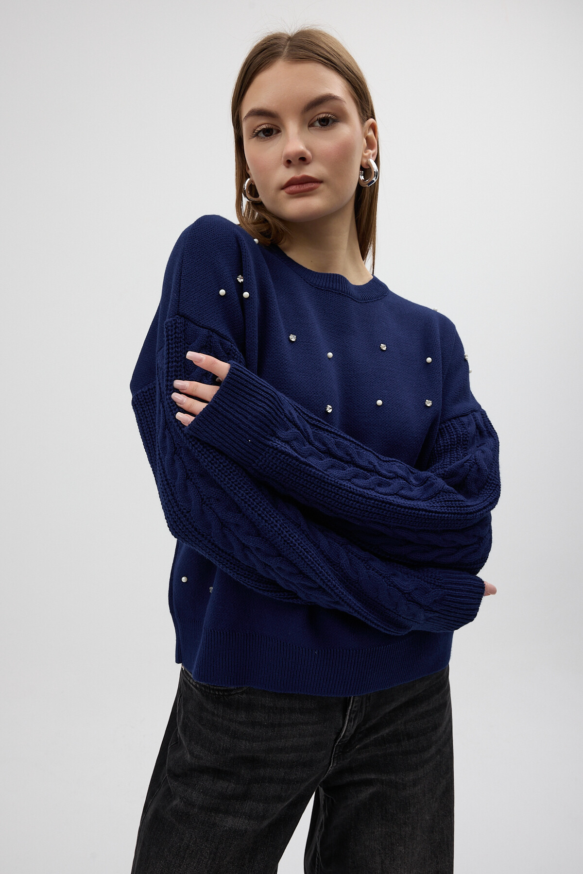 Lacivert İnci ve Taş Detaylı Örgü Kollu Bisiklet Yaka Kadın Kazak 7115 - 6