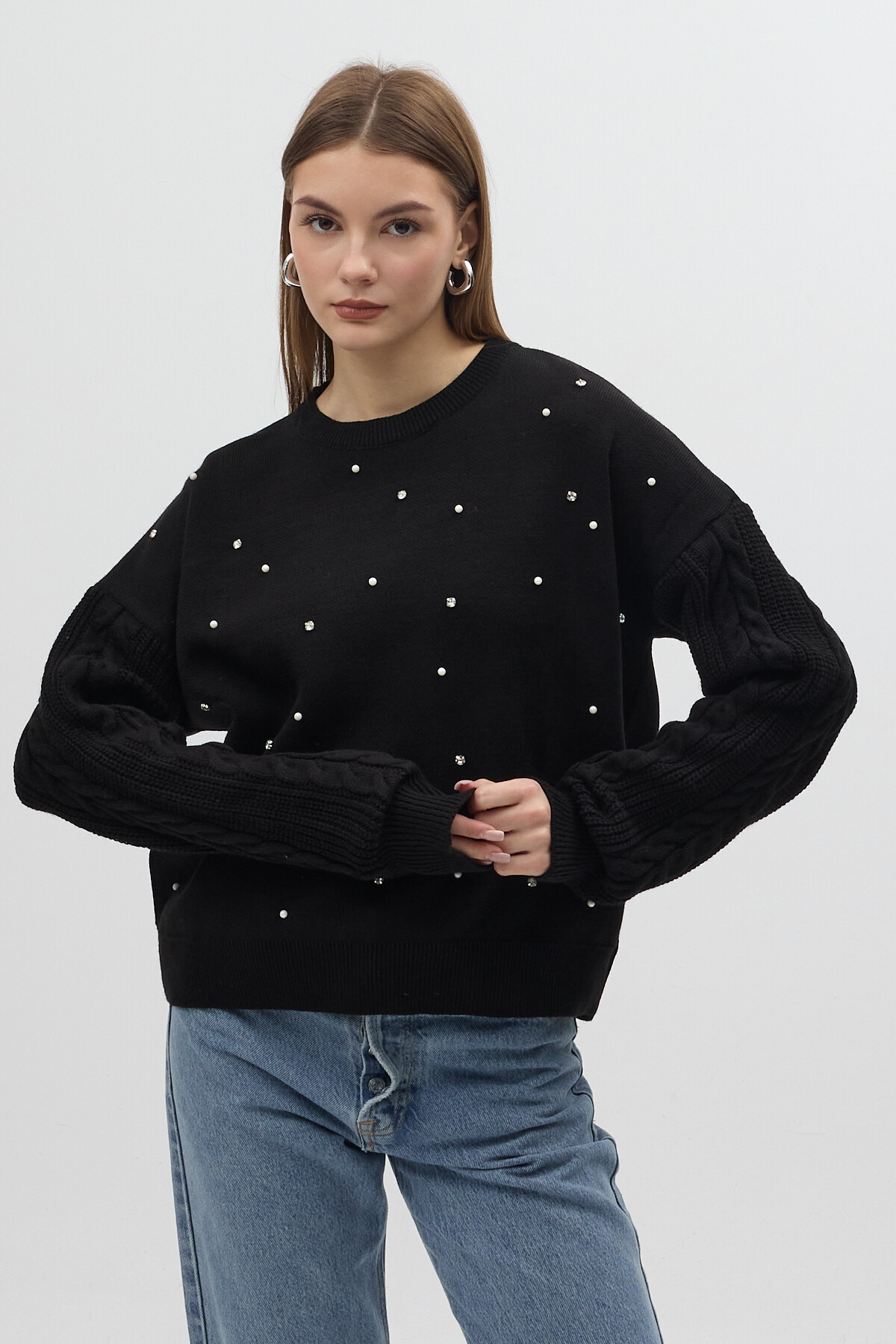 Siyah İnci ve Taş Detaylı Örgü Kollu Bisiklet Yaka Kadın Kazak 7115 - 6