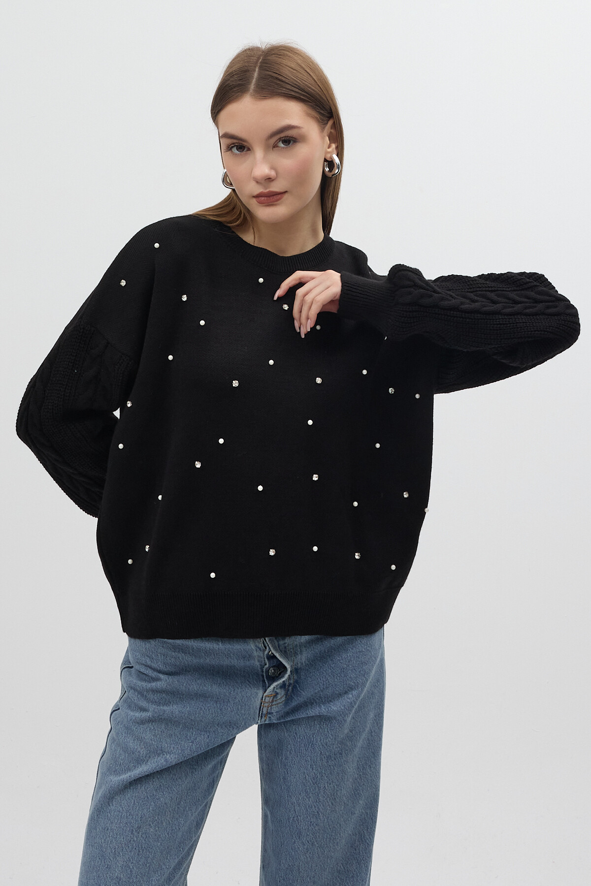 Siyah İnci ve Taş Detaylı Örgü Kollu Bisiklet Yaka Kadın Kazak 7115 - 2