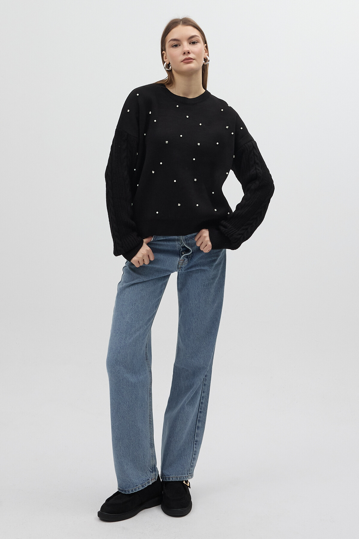 Siyah İnci ve Taş Detaylı Örgü Kollu Bisiklet Yaka Kadın Kazak 7115 - 3