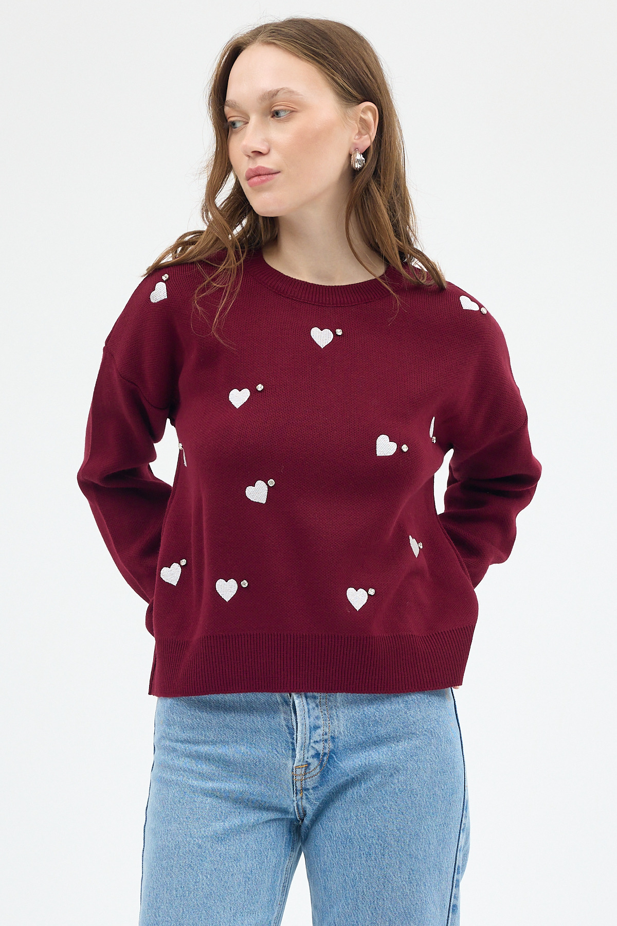 Bordo Kalp Desenli Örme Kadın Kazak 7120 - RAYS