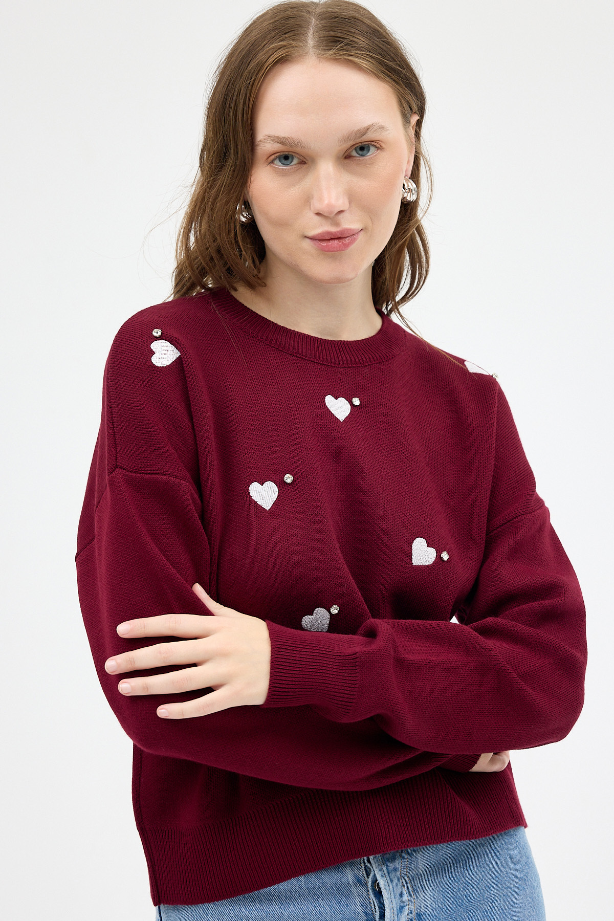 Bordo Kalp Desenli Örme Kadın Kazak 7120 - RAYS