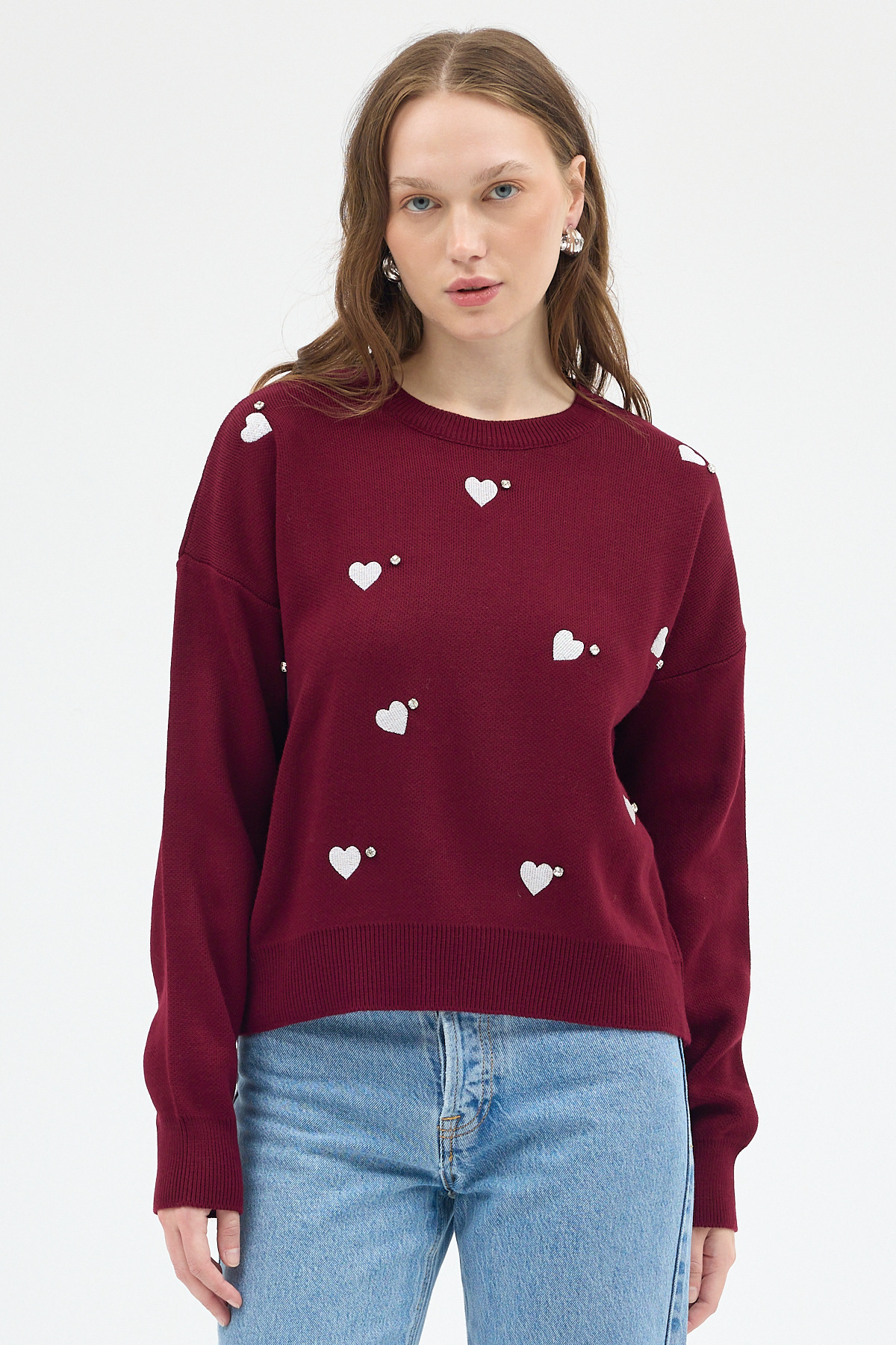 Bordo Kalp Desenli Örme Kadın Kazak 7120 