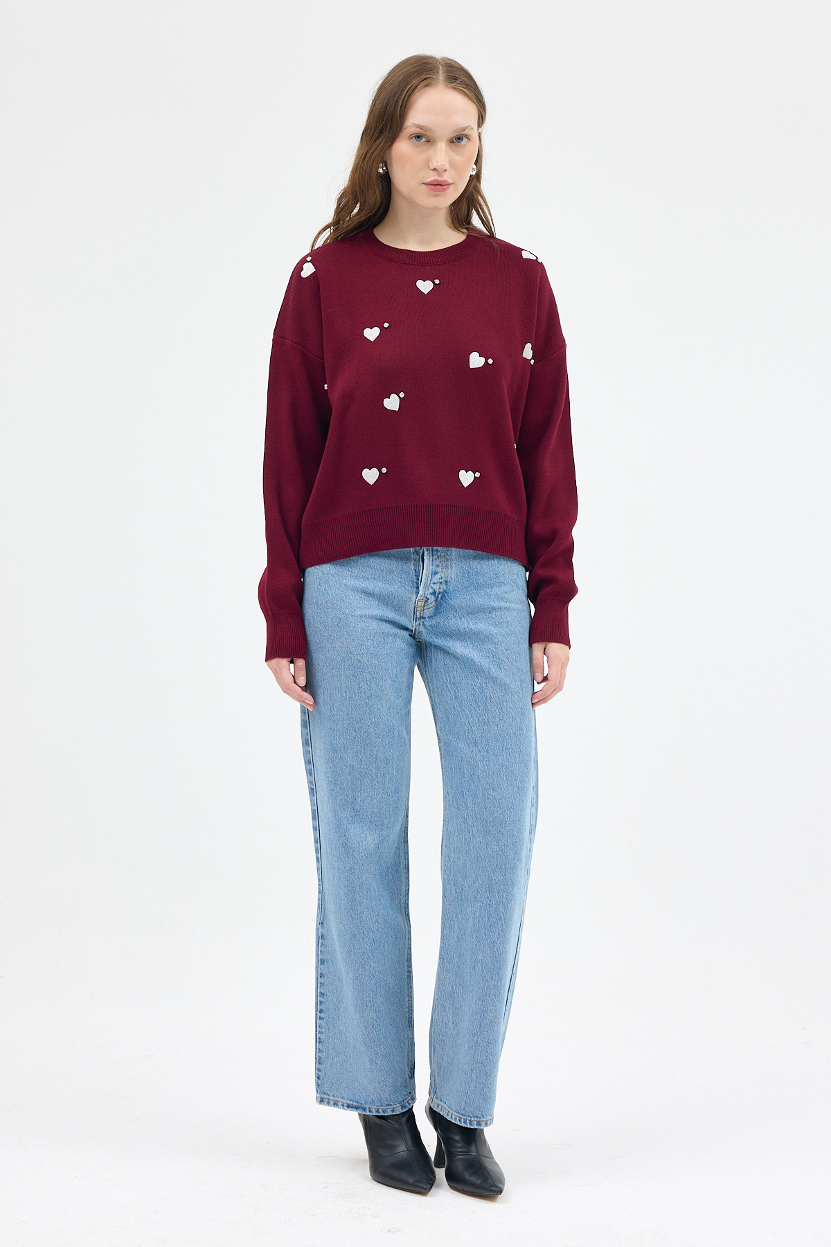 Bordo Kalp Desenli Örme Kadın Kazak 7120 - 2