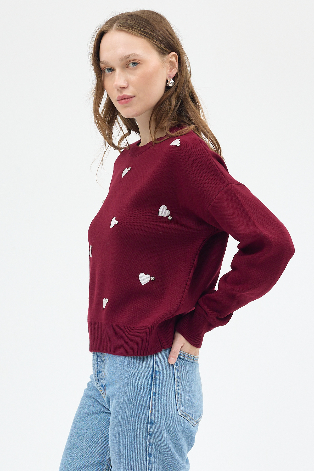 Bordo Kalp Desenli Örme Kadın Kazak 7120 - 7