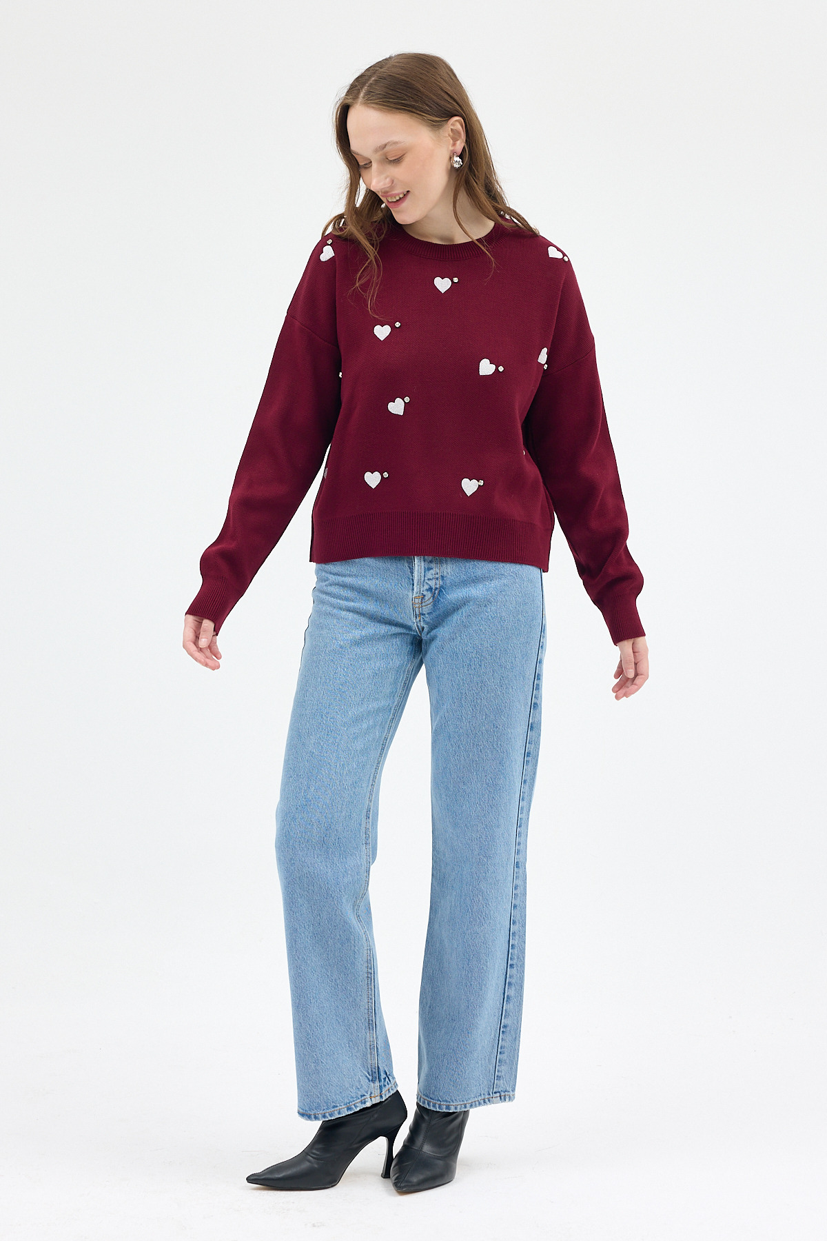 Bordo Kalp Desenli Örme Kadın Kazak 7120 - 6