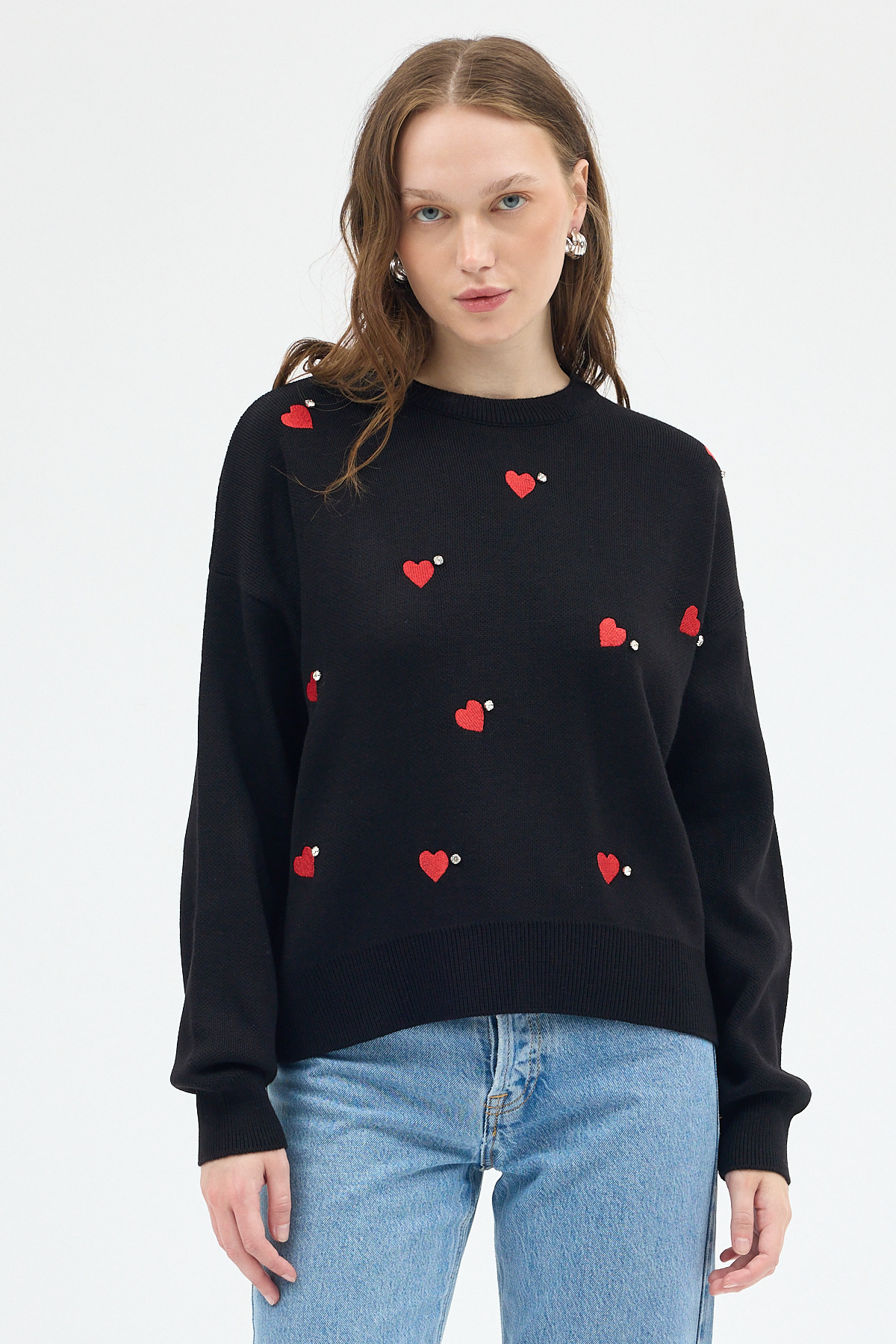 Siyah Kalp Desenli Örme Kadın Kazak 7120 - RAYS