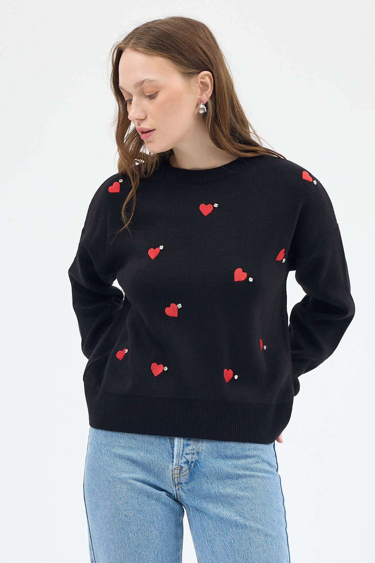 Siyah Kalp Desenli Örme Kadın Kazak 7120 - 2