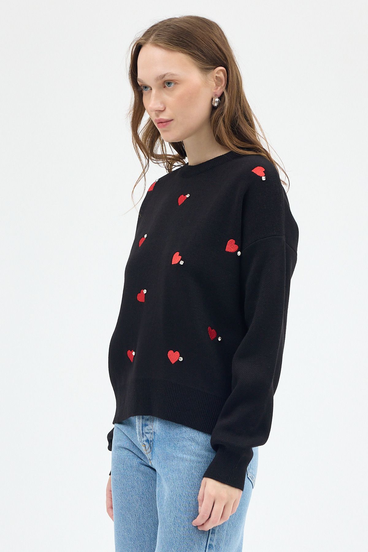 Siyah Kalp Desenli Örme Kadın Kazak 7120 - 3