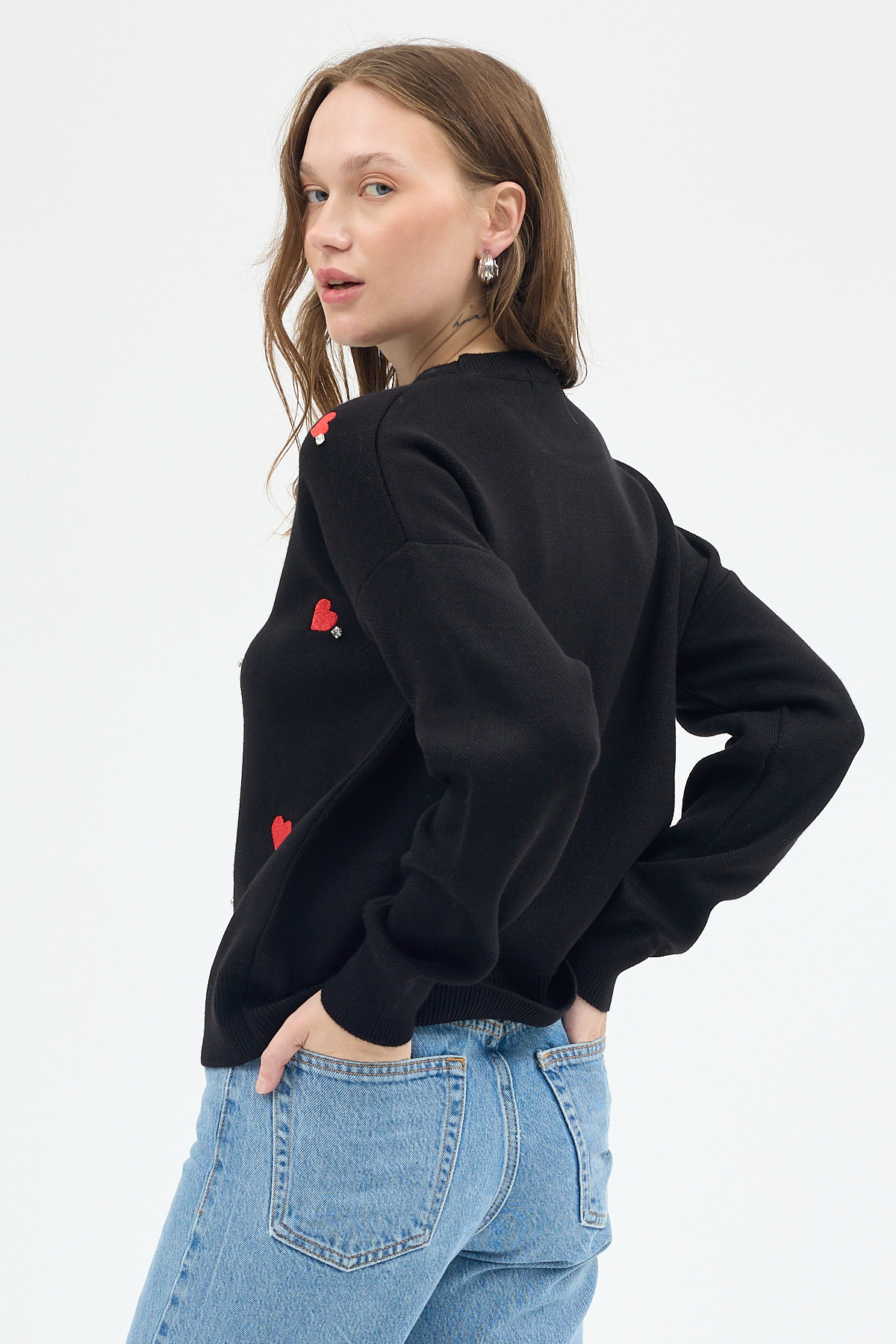 Siyah Kalp Desenli Örme Kadın Kazak 7120 - 5